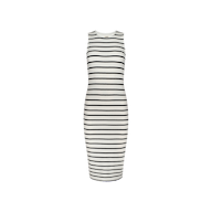 Nura Racerback Midi Dress in a sleeveless black and white striped jersey design, featuring a crew neckline and racerback silhouette, displayed against a plain white background.