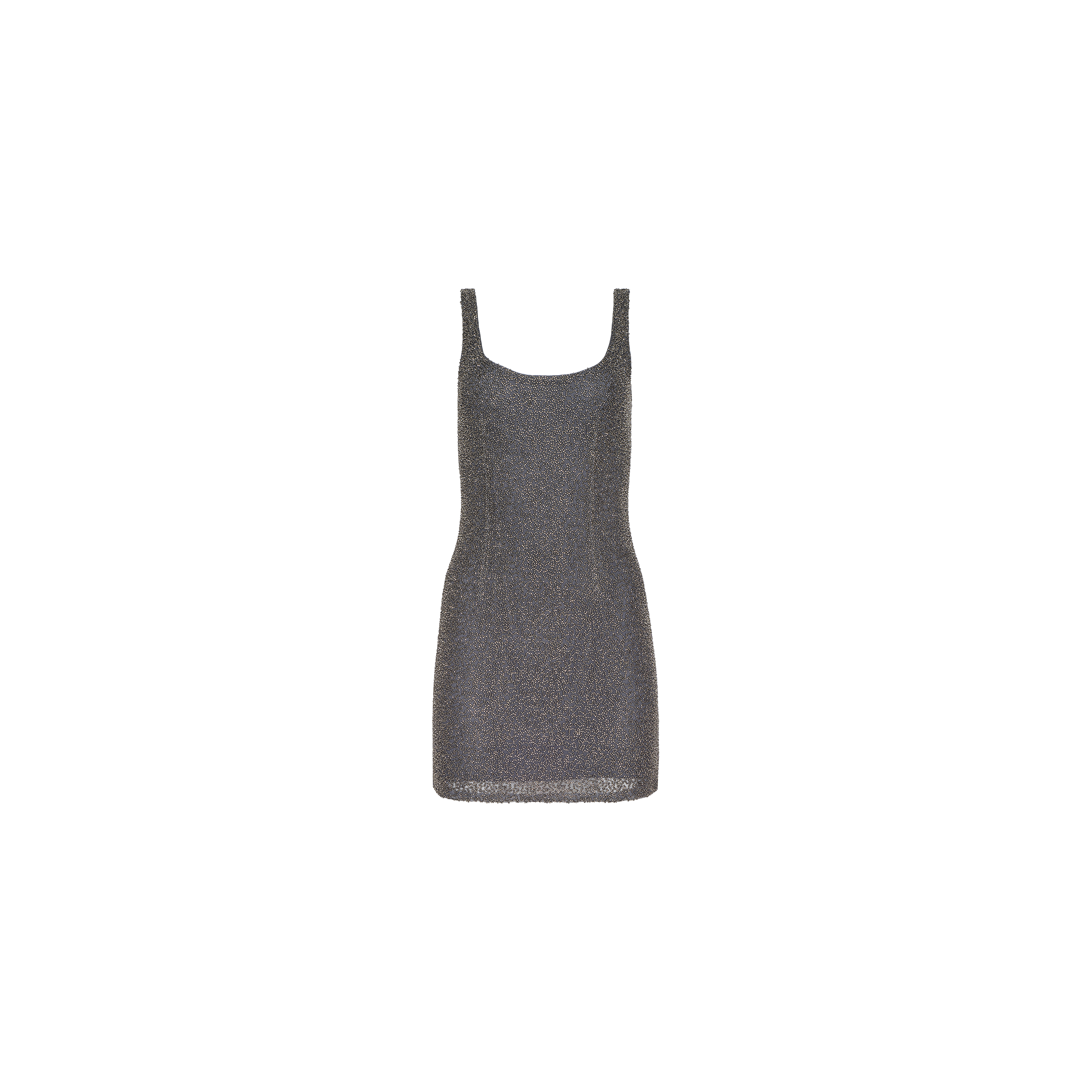 The Inori Beaded Mini Dress is a sleeveless, gunmetal mini dress featuring a square neckline and a metallic finish, displayed against a plain white background.