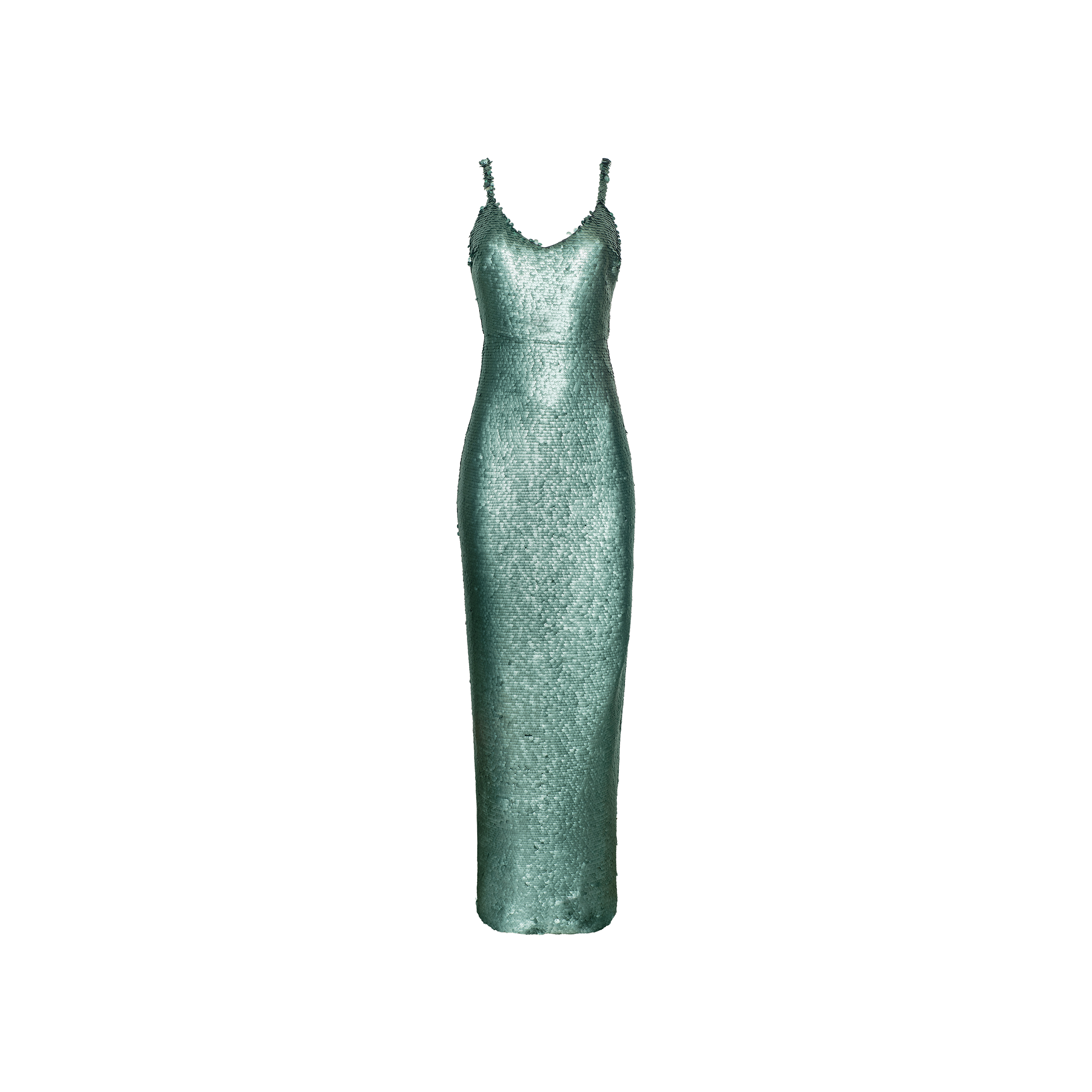 The Karma Sequin Maxi Dress, a shimmering light green teal gown with thin straps and a fitted, floor-length silhouette, is elegantly displayed on a plain white background.
