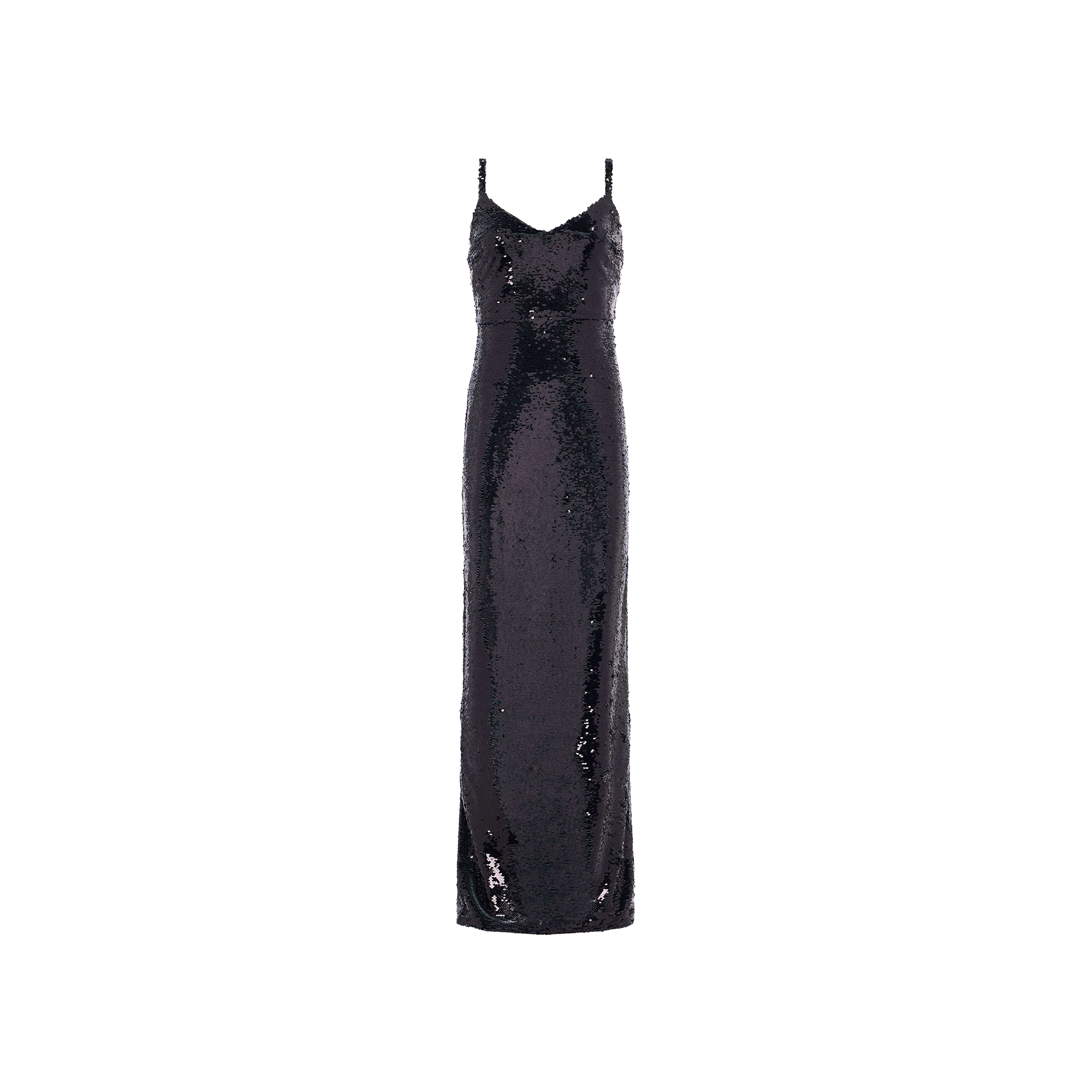 The Karma Sequin Maxi Dress, featuring a structured bodice, thin spaghetti straps, and a straight silhouette in striking black sequins, is displayed against a plain white background—an ideal choice for sophisticated evening wear.