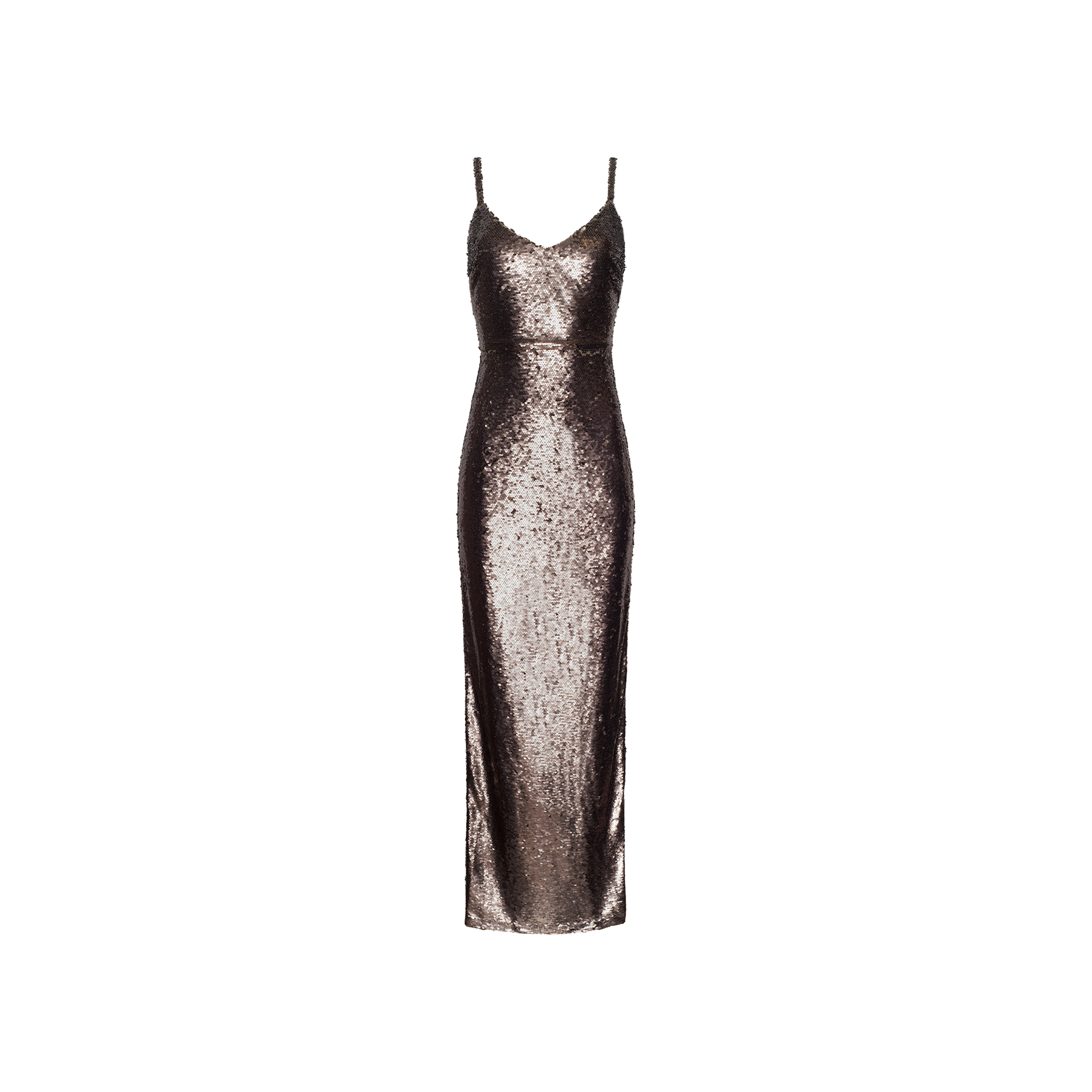 The Karma Sequin Maxi Dress is a sleeveless, ankle-length gown in a metallic finish with shimmering sequins, featuring thin spaghetti straps and a fitted bodice. The dress is elegantly displayed against a plain white background.