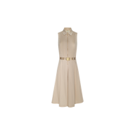The Kylo Poplin Shirt Dress is a sleeveless beige dress featuring a collared neckline, button-down front, and flared skirt. It comes with a matching beige belt accented by a gold rectangular buckle at the waist. The dress is displayed on a plain white background.