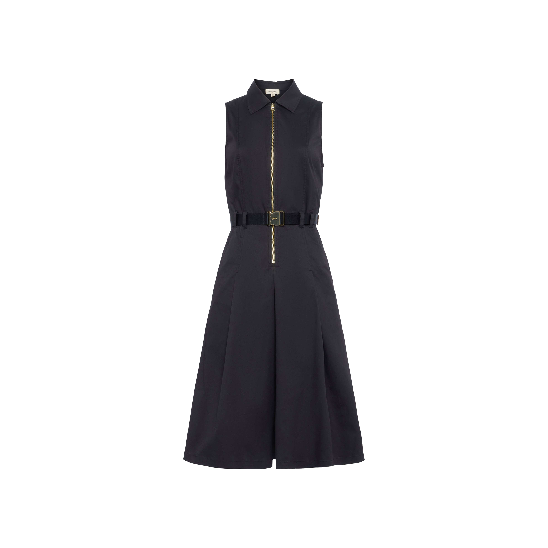 The Kylo Poplin Shirt Dress is a sleeveless black cotton poplin dress featuring a collared neckline, front zipper closure, and a belted waist. Its knee-length skirt is styled with a front pleat, making it an ideal desk-to-drinks look. Shown here on a plain white background.