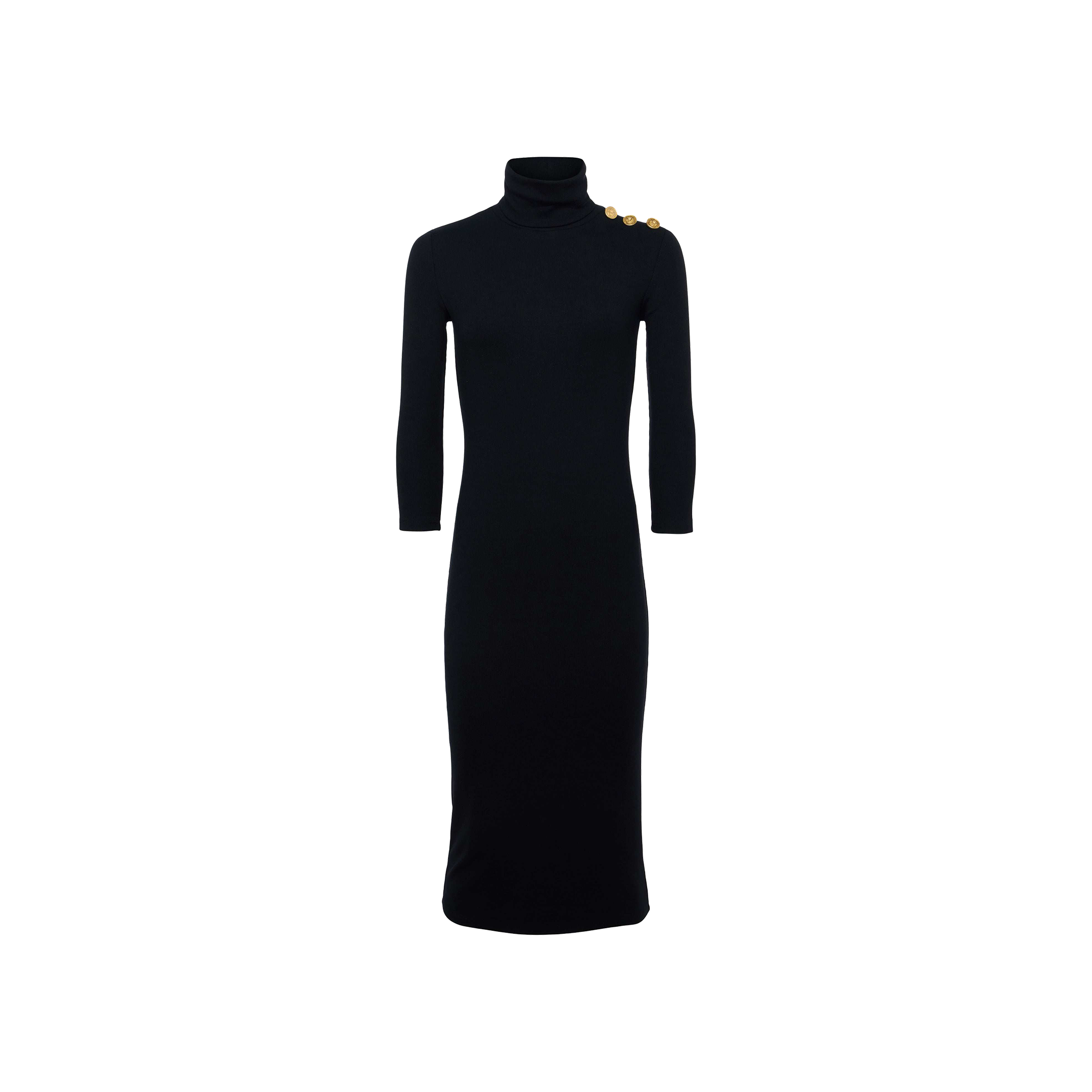 The Voletta Turtleneck Knit Dress is a black, long-sleeve knee-length turtleneck crafted from soft microfiber modal jersey, featuring three gold buttons on the left shoulder and displayed against a plain white background—an essential piece for fall to winter.