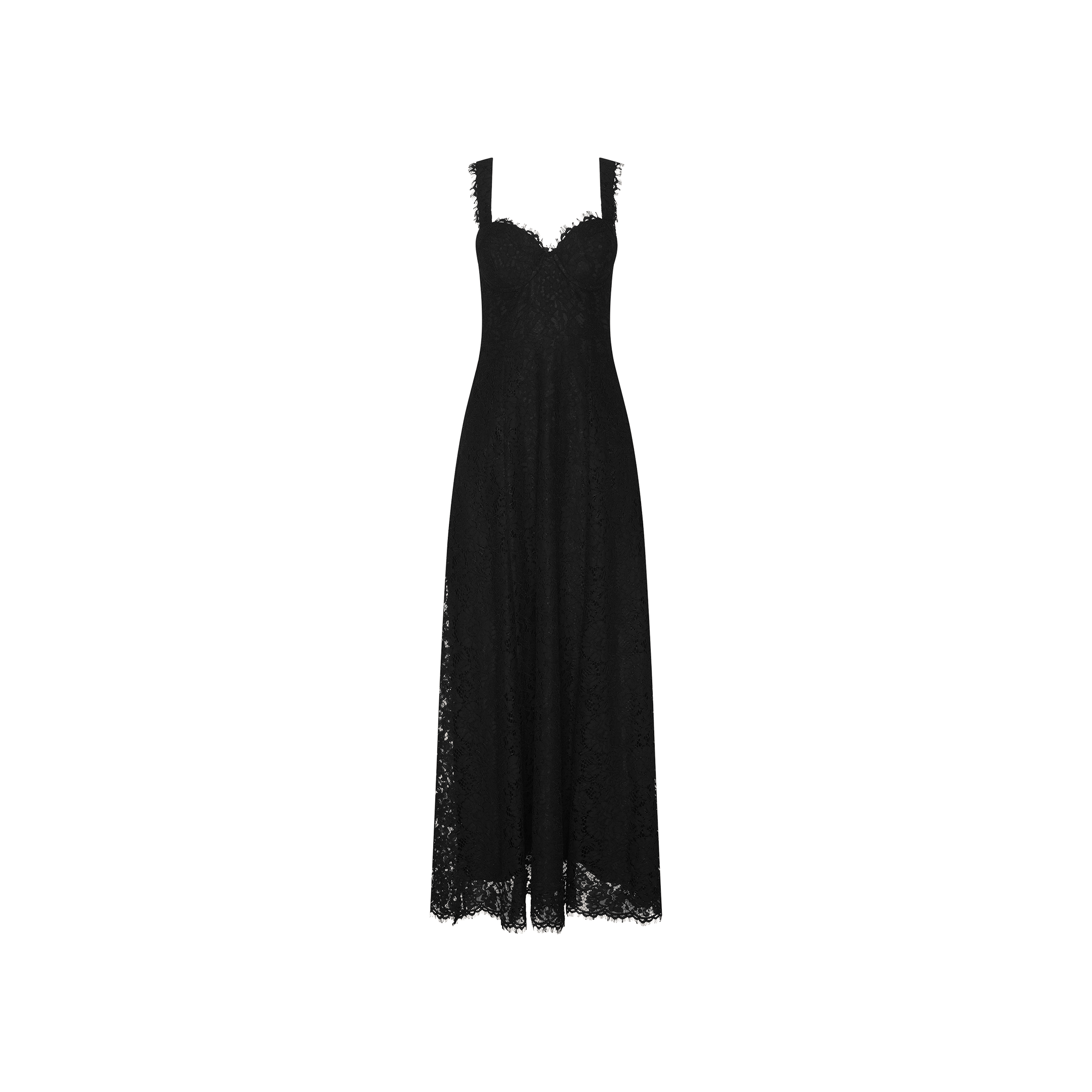The Sutton Lace Maxi Dress is a sleeveless black lace maxi dress with a supportive fit, showcasing a fitted bodice, scalloped sweetheart neckline, and a long flowing skirt, displayed on a plain white background.