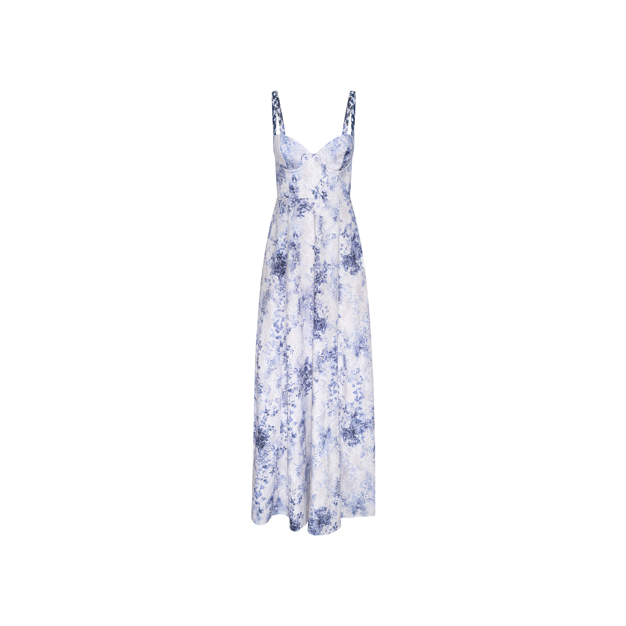 The Sutton Maxi Dress is a sleeveless, long dress with a fitted bust and flowing skirt, featuring underwire cups and a blue and white floral pattern on a light background.