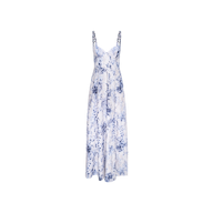 The Sutton Maxi Dress is a sleeveless, long dress with a fitted bust and flowing skirt, featuring underwire cups and a blue and white floral pattern on a light background.