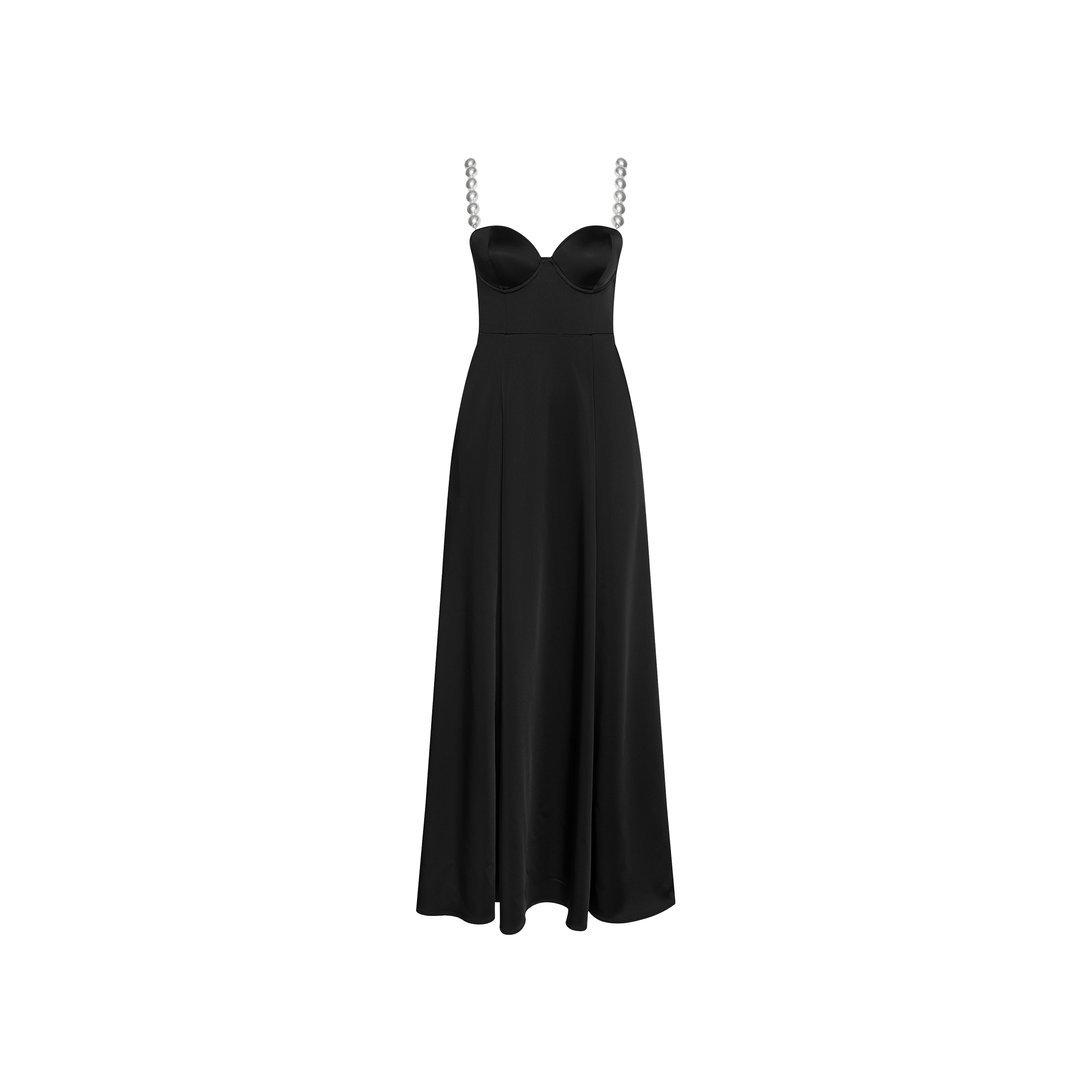 The Sutton Maxi Dress is a long black satin evening gown featuring a fitted bodice, sweetheart neckline, and thin straps embellished with decorative rings, showcased against a plain white background.
