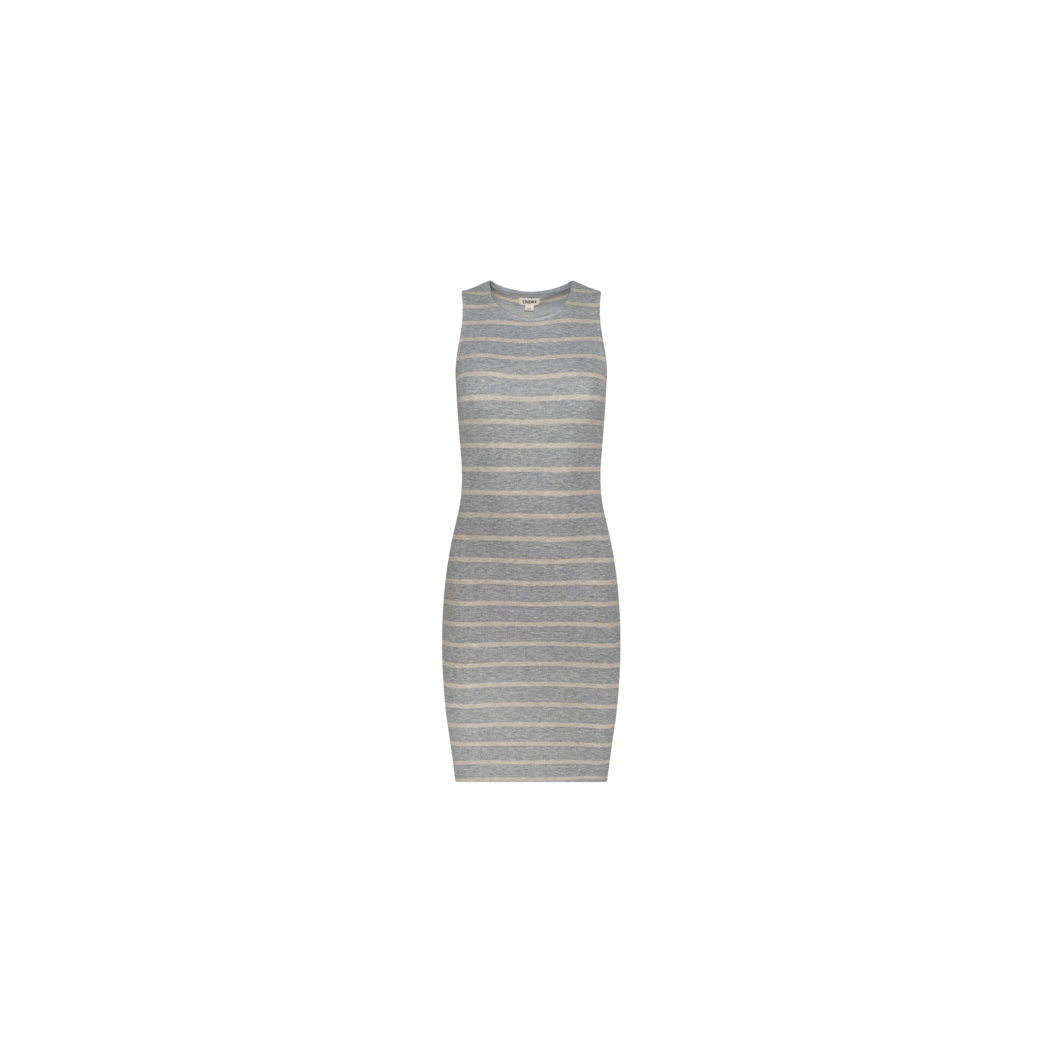 The Ellis Tank Dress is a sleeveless, knee-length stretch rib bodycon dress with light gray and white horizontal stripes, featuring a racerback silhouette and displayed on a plain white background.