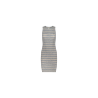 The Ellis Tank Dress is a sleeveless, knee-length stretch rib bodycon dress with light gray and white horizontal stripes, featuring a racerback silhouette and displayed on a plain white background.