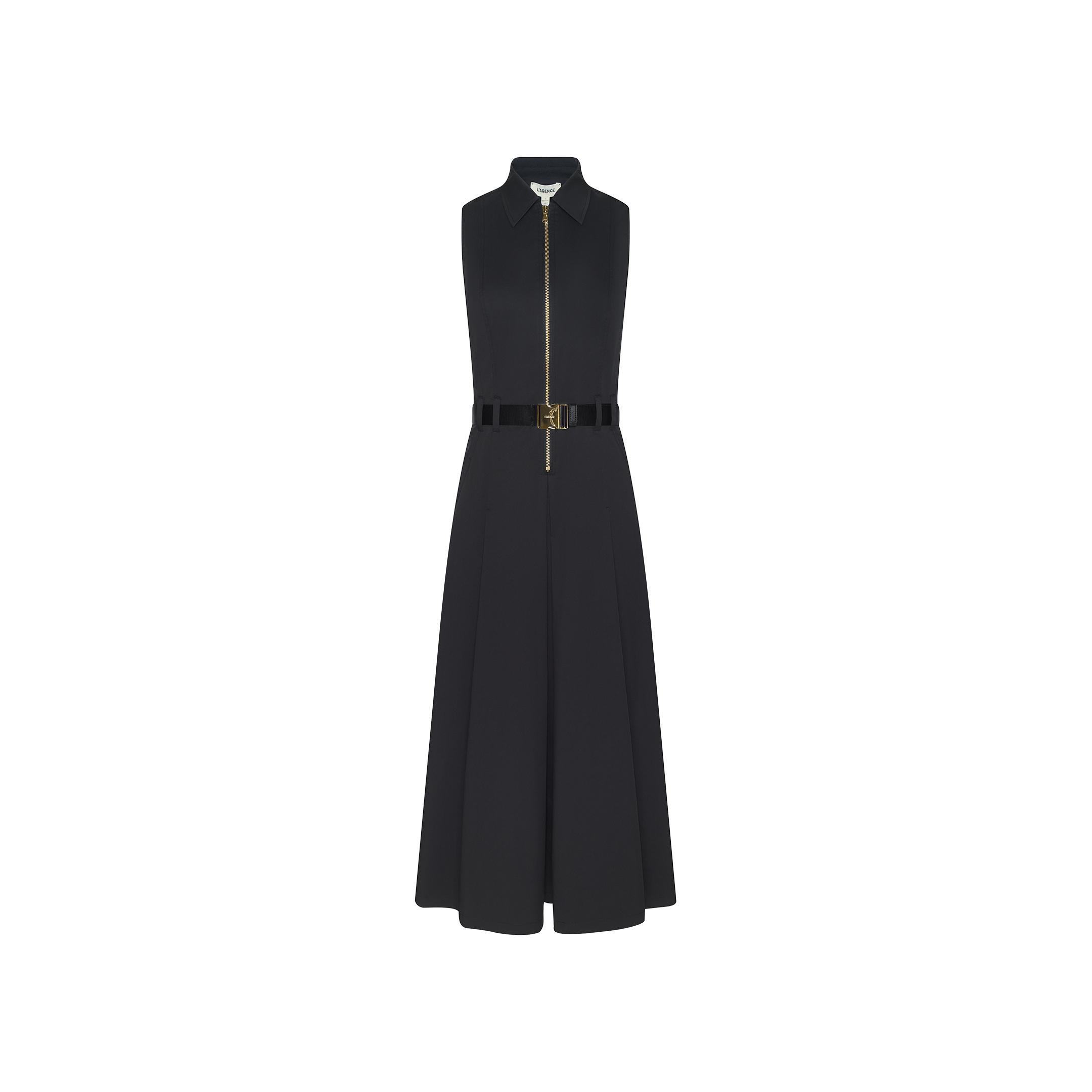 The Kolton Dress, crafted from a black cotton-blend fabric, showcases a sleeveless midi silhouette with a zip-up front and belted waist, presented against a plain white background.