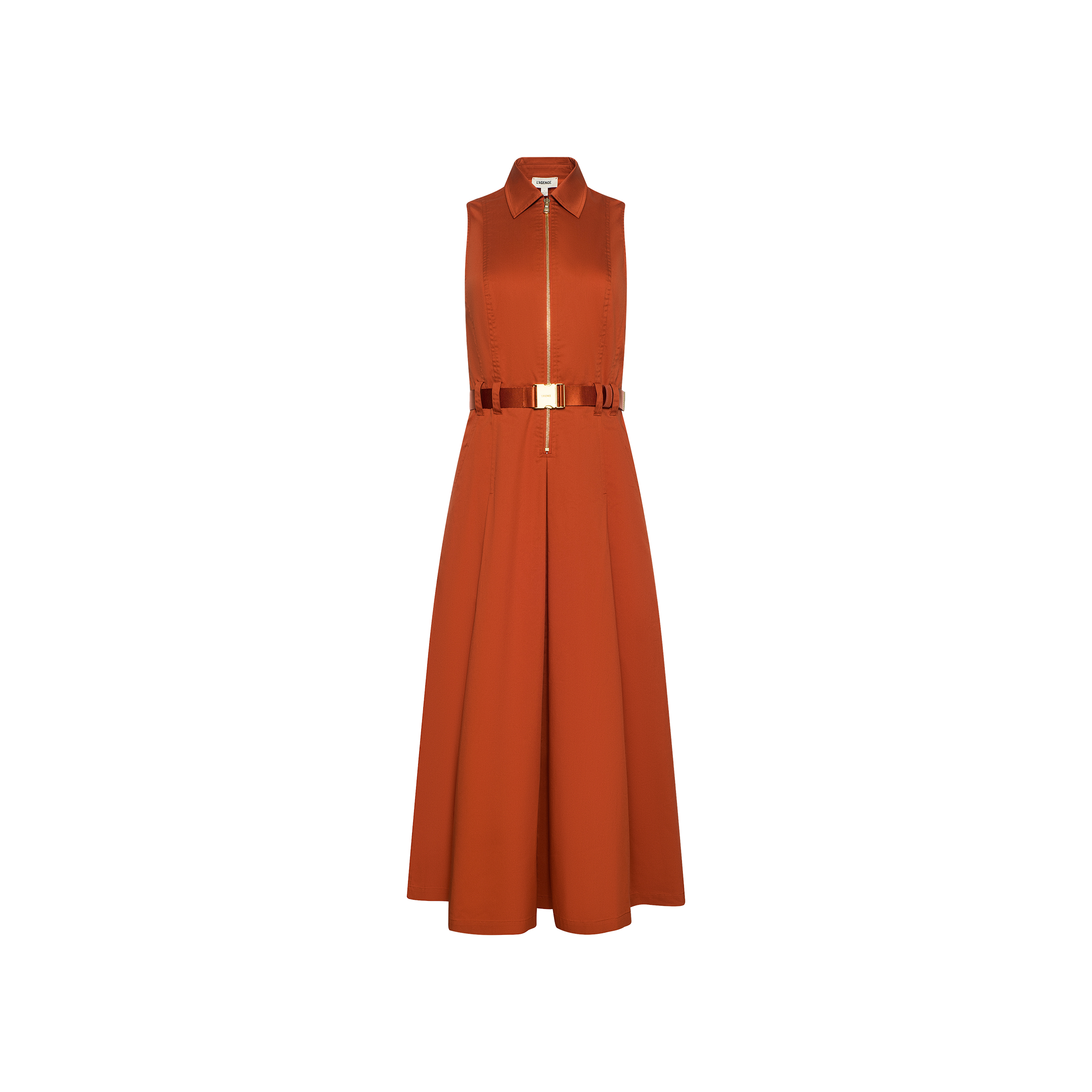 The Kolton Dress is a sleeveless burnt orange midi dress featuring a collared neckline, front zipper, and a coordinating belted waist. Its pleated skirt falls to an elegant midi length, making it an effortless desk-to-drinks option against a plain white background.