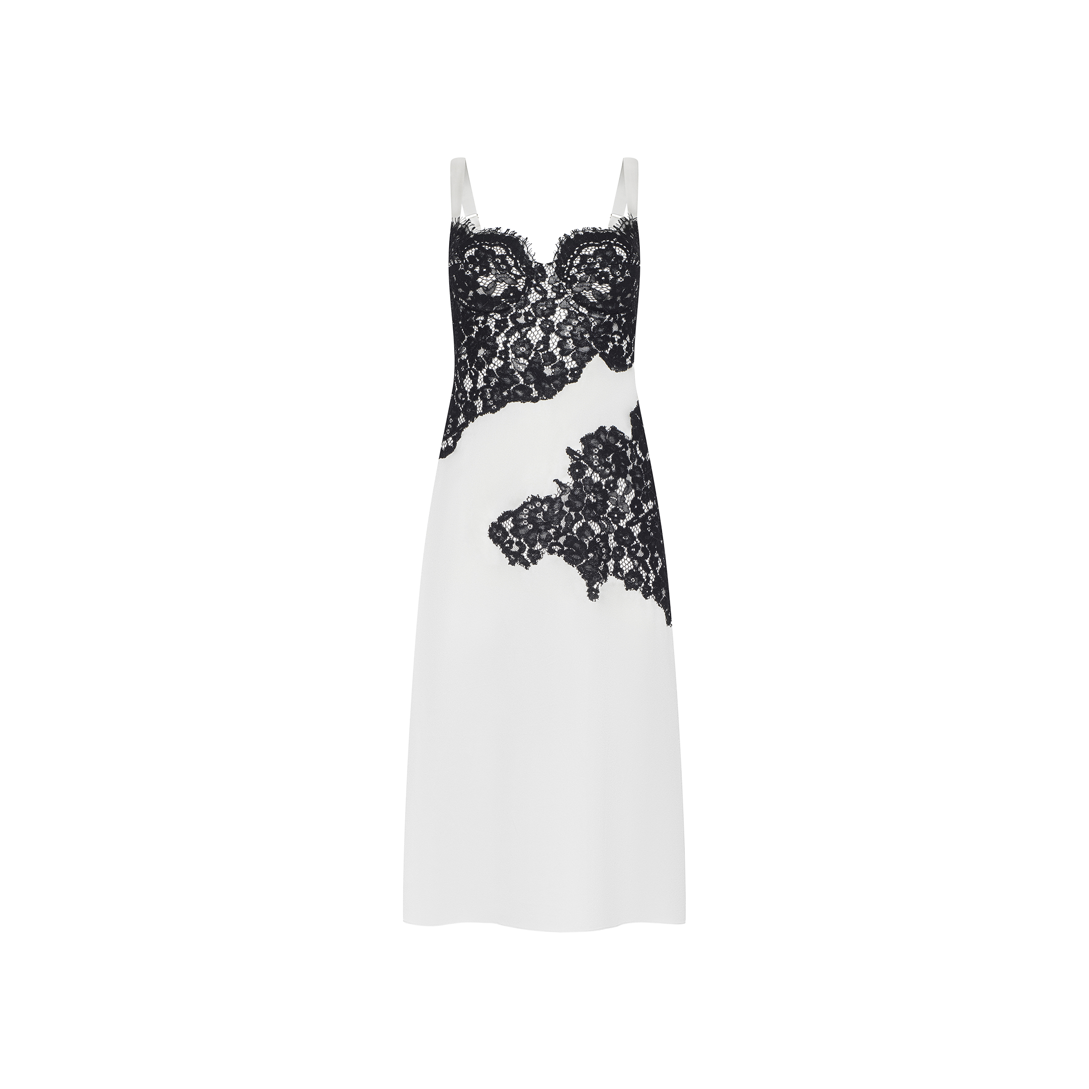 The Fenna Silk Lace Dress is a sleeveless white silk charmeuse midi slip dress with black lace detailing across the bust and midsection, displayed on a plain white background.