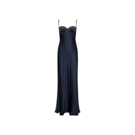 The Shayla Silk Lace Gown is a long, navy blue dress featuring thin spaghetti straps and delicate lace trim along the bust, shown against a plain white background.