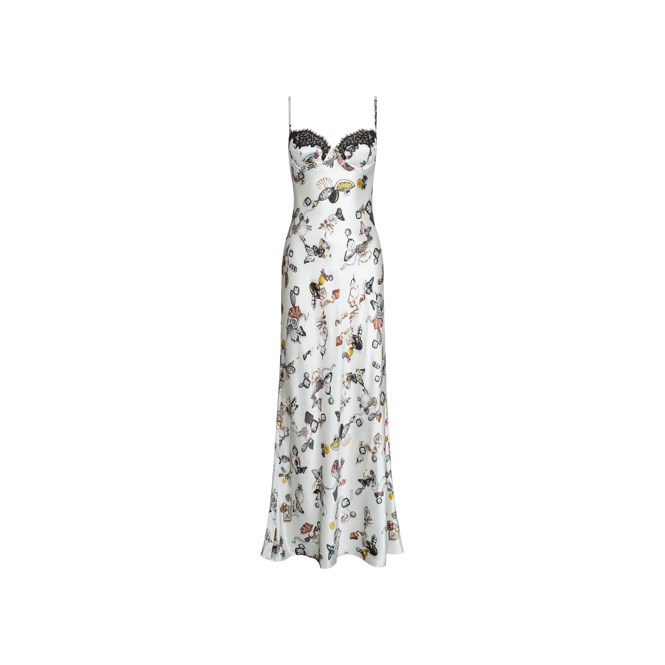 The Sayla Silk Gown is a long, white satin slip dress featuring thin straps, black lace trim on the bodice, and an all-over colorful butterfly lock print with floral motifs that evoke vintage glamour.