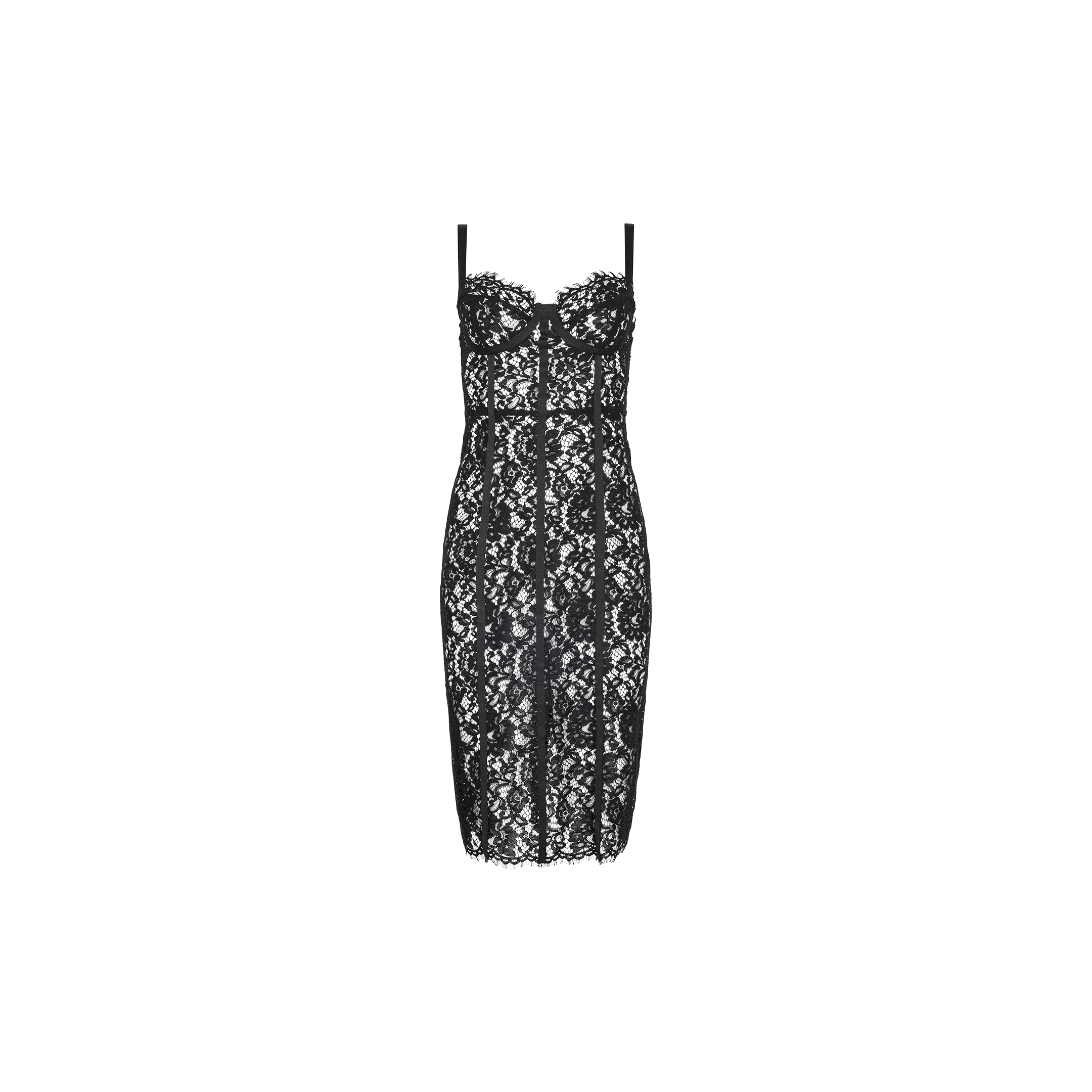 The Jennifer Lace Midi Dress features black sheer floral lace in a fitted, sleeveless silhouette with thin straps and a sweetheart neckline, showcased against a plain white background.