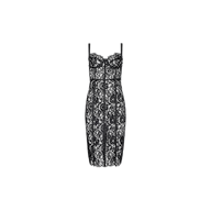 The Jennifer Lace Midi Dress features black sheer floral lace in a fitted, sleeveless silhouette with thin straps and a sweetheart neckline, showcased against a plain white background.