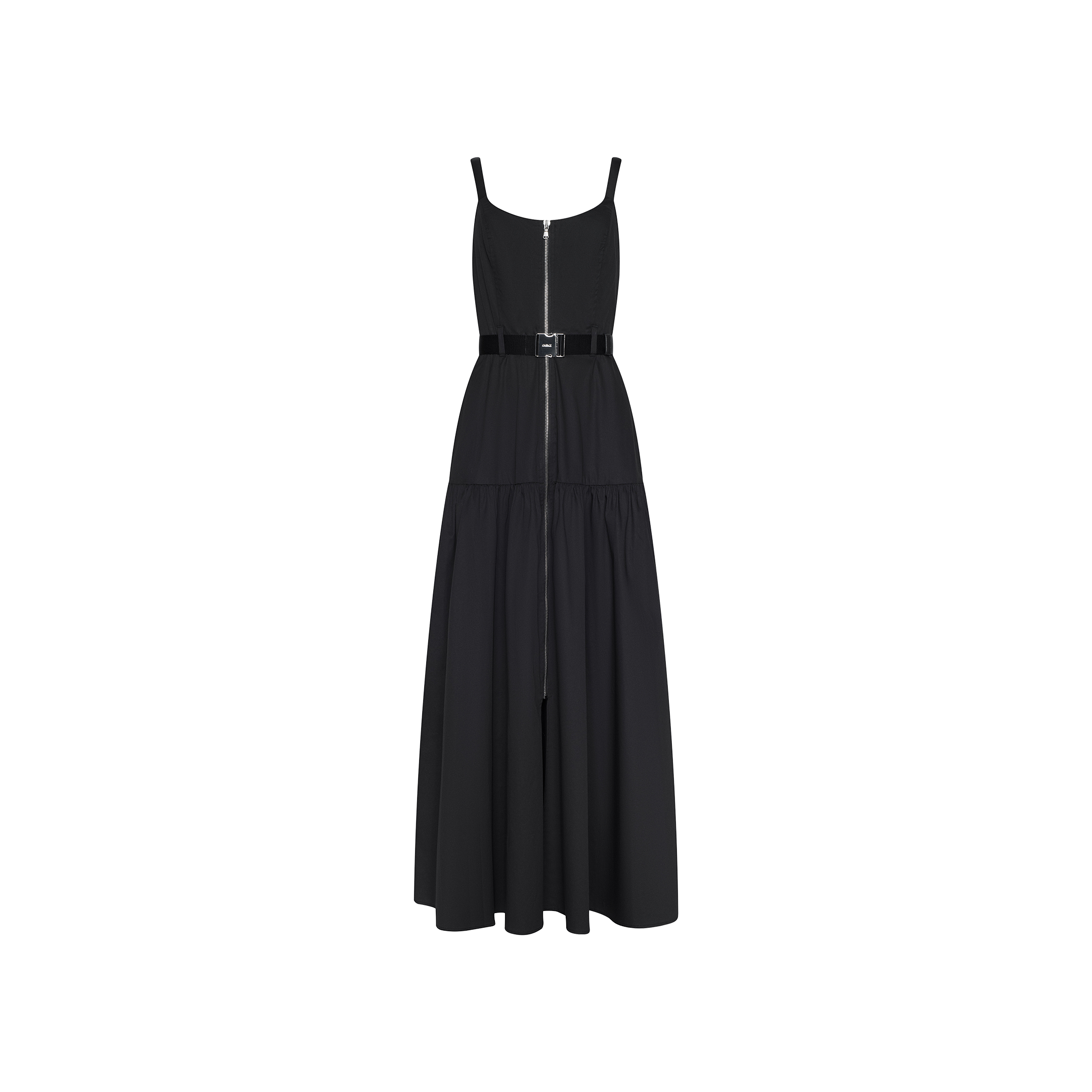The Rima Maxi Dress is a sleeveless black maxi dress crafted from stretch poplin, featuring a belted waist and front zipper. Displayed on a plain white background, it showcases a fitted bodice and flowing skirt.