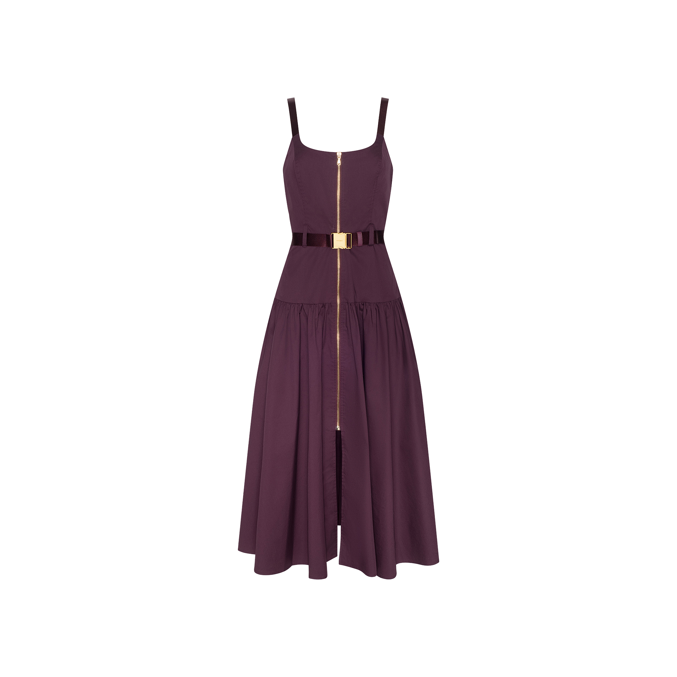 The Rima Dress, a sleeveless plum-colored midi with thin straps, features a front gold zipper, a fitted bodice, a gathered skirt, and comes with a matching adjustable belt finished with a gold clasp—all showcased against a plain white background.