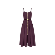 The Rima Dress, a sleeveless plum-colored midi with thin straps, features a front gold zipper, a fitted bodice, a gathered skirt, and comes with a matching adjustable belt finished with a gold clasp—all showcased against a plain white background.
