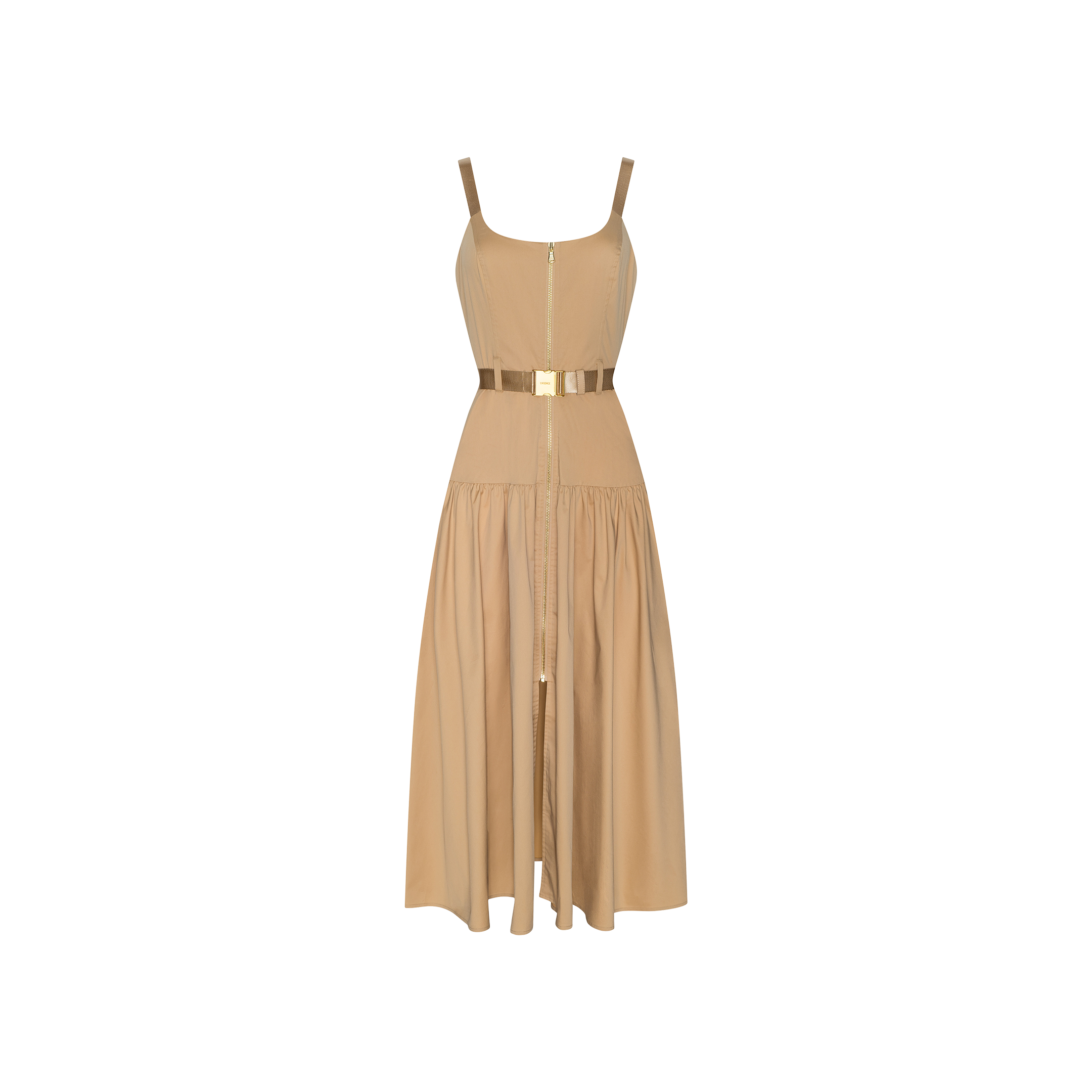 The Rima Maxi Dress is a sleeveless neutral tan piece in a maxi length, featuring a front zipper, gold metallic belt, and gathered skirt. Crafted from comfortable stretch poplin with thin shoulder straps and a subtly flared hem, the dress is shown against a plain white background.