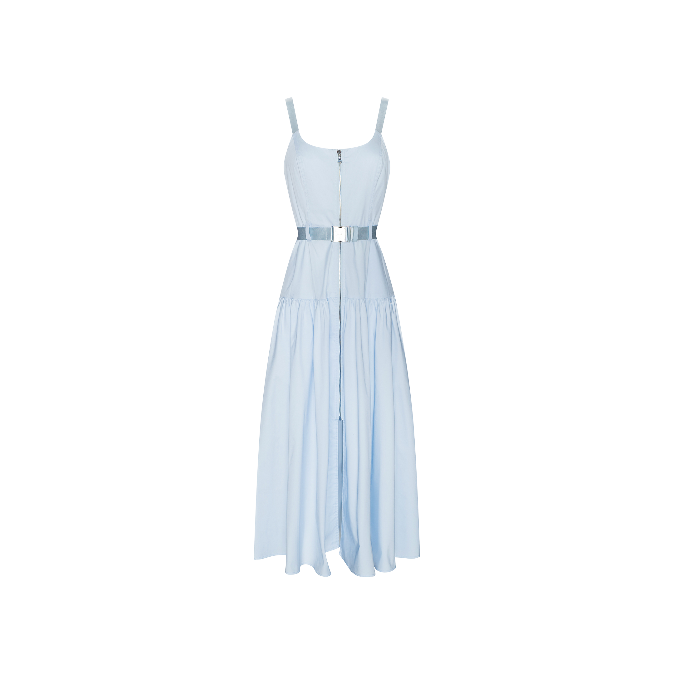 The Rima Maxi Dress is a pale blue sleeveless dress featuring spaghetti straps, a front zipper, cutout waist detail with a silver buckle belt, and a flared gathered skirt crafted from stretch poplin fabric. It is shown against a plain white background.