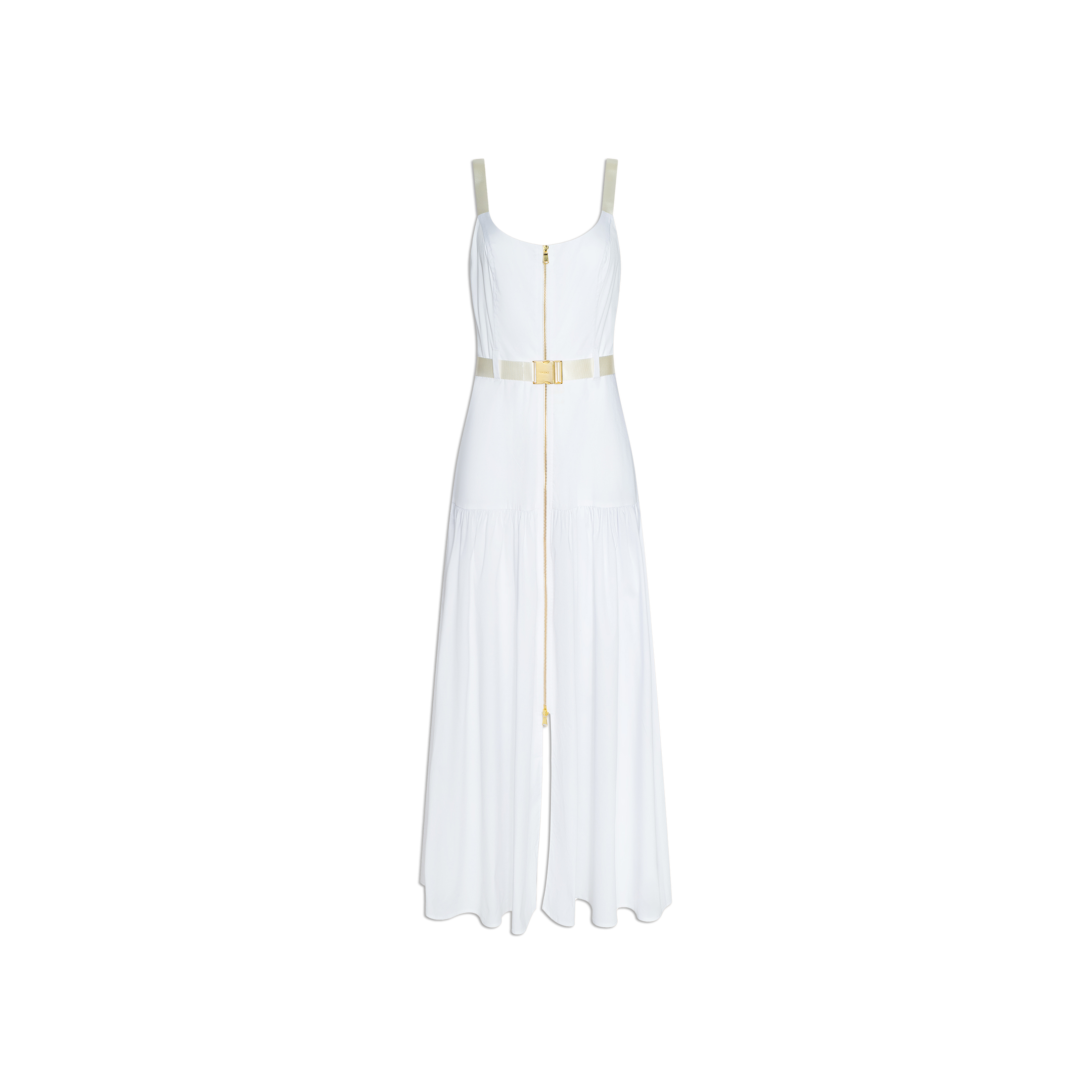 The Rima Dress is a sleeveless white maxi dress with wide straps, a belted waist, and a front zipper detail. This elegant dress features an adjustable belt and a flowy skirt for a refined look.