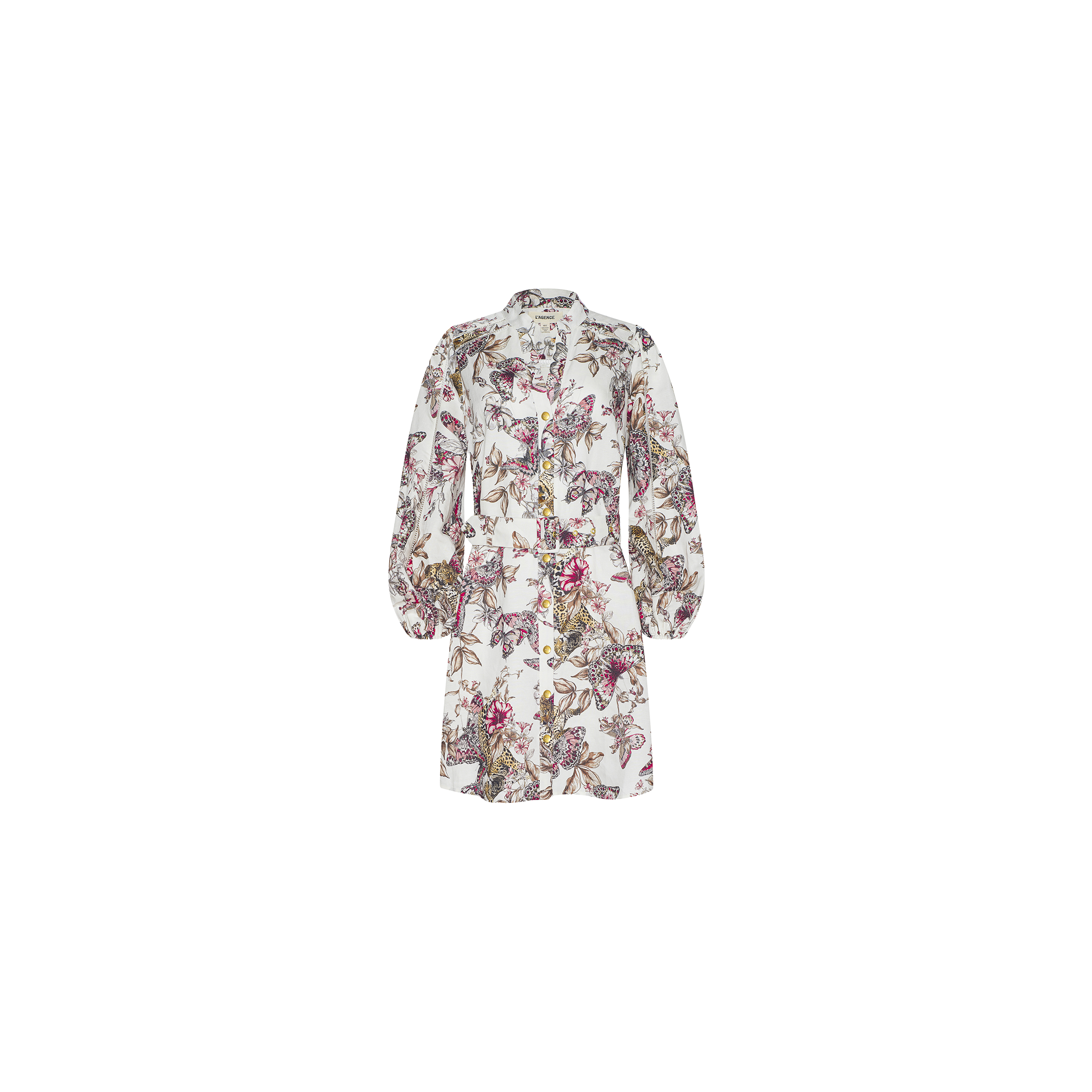 The Kiersten Dress is a white, long-sleeve linen dress featuring a vibrant floral and butterfly print, a button-down front, and a collared neckline, displayed on a plain white background.