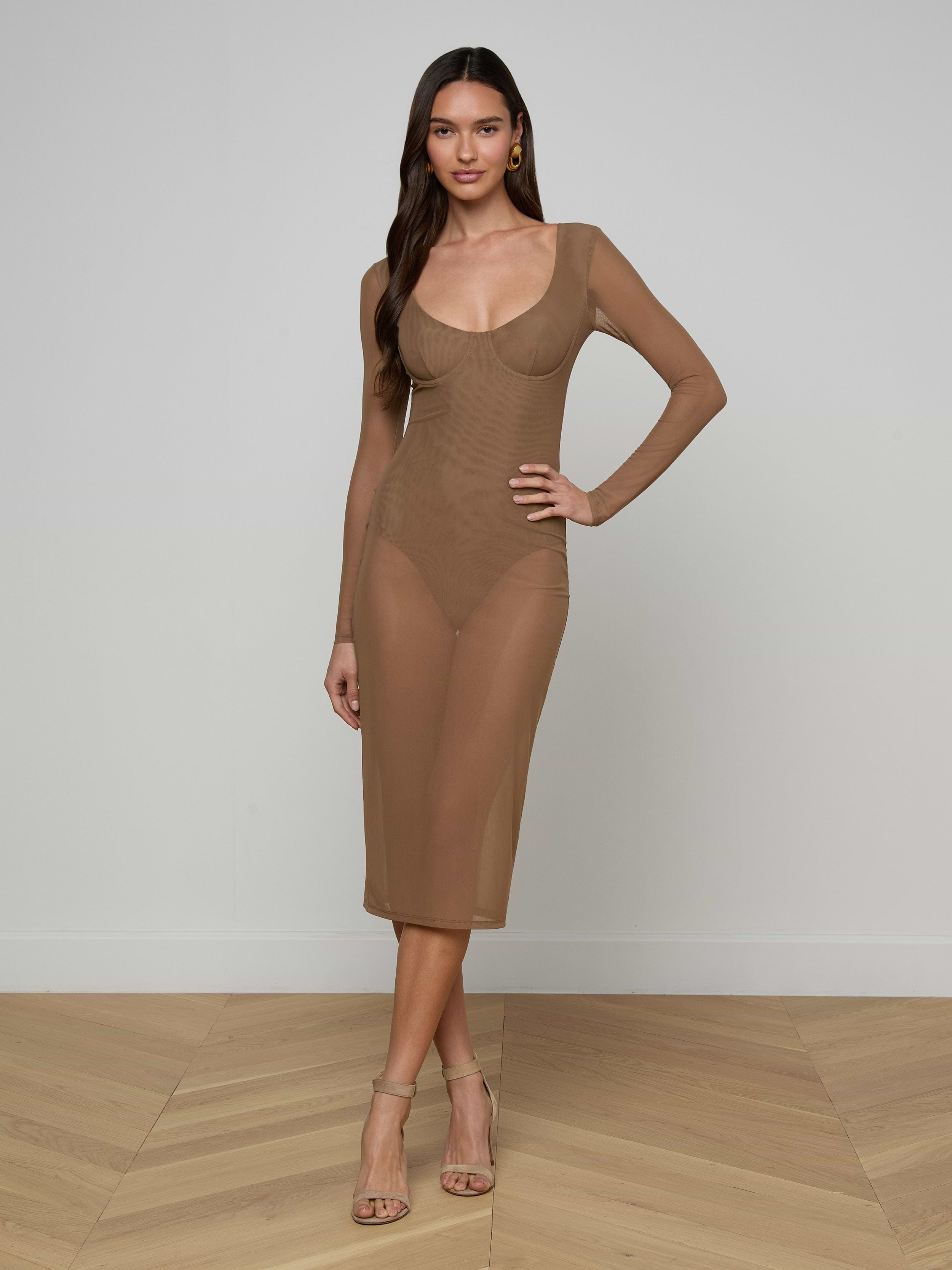 A woman poses in the Sorella Mesh Midi Dress—a fitted, sheer, long-sleeved, knee-length brown dress with stretch mesh and bodysuit lining—paired with nude heels and set against a plain white background.
