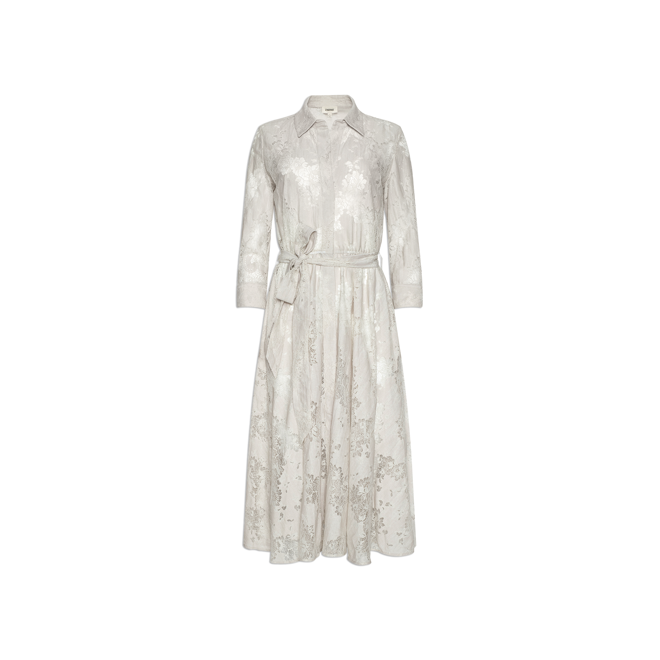 Introducing the Ralphie Lace Midi Dress—a timeless piece in a light beige hue. It features long sleeves, a collared neckline, and an elegant lace pattern. The button-down front and matching tie belt cinch the waist, while the gently flared skirt creates an effortlessly graceful silhouette.