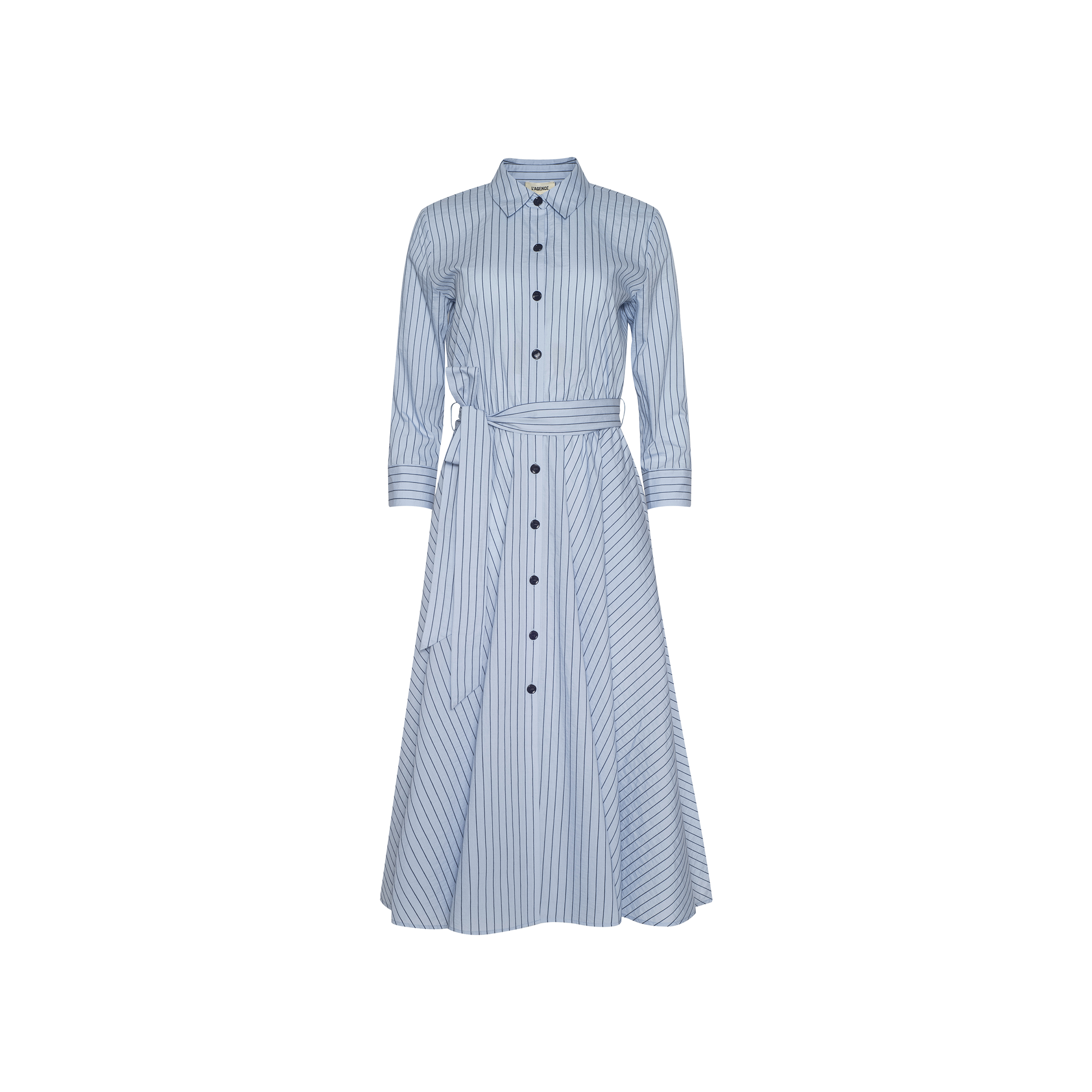 Ralphie Midi Dress in light blue poplin, showcasing long sleeves, a collared neckline, vertical and diagonal white stripes, and a matching waist tie, displayed on a plain white background.