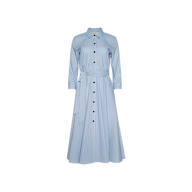 Ralphie Midi Dress in light blue poplin, showcasing long sleeves, a collared neckline, vertical and diagonal white stripes, and a matching waist tie, displayed on a plain white background.