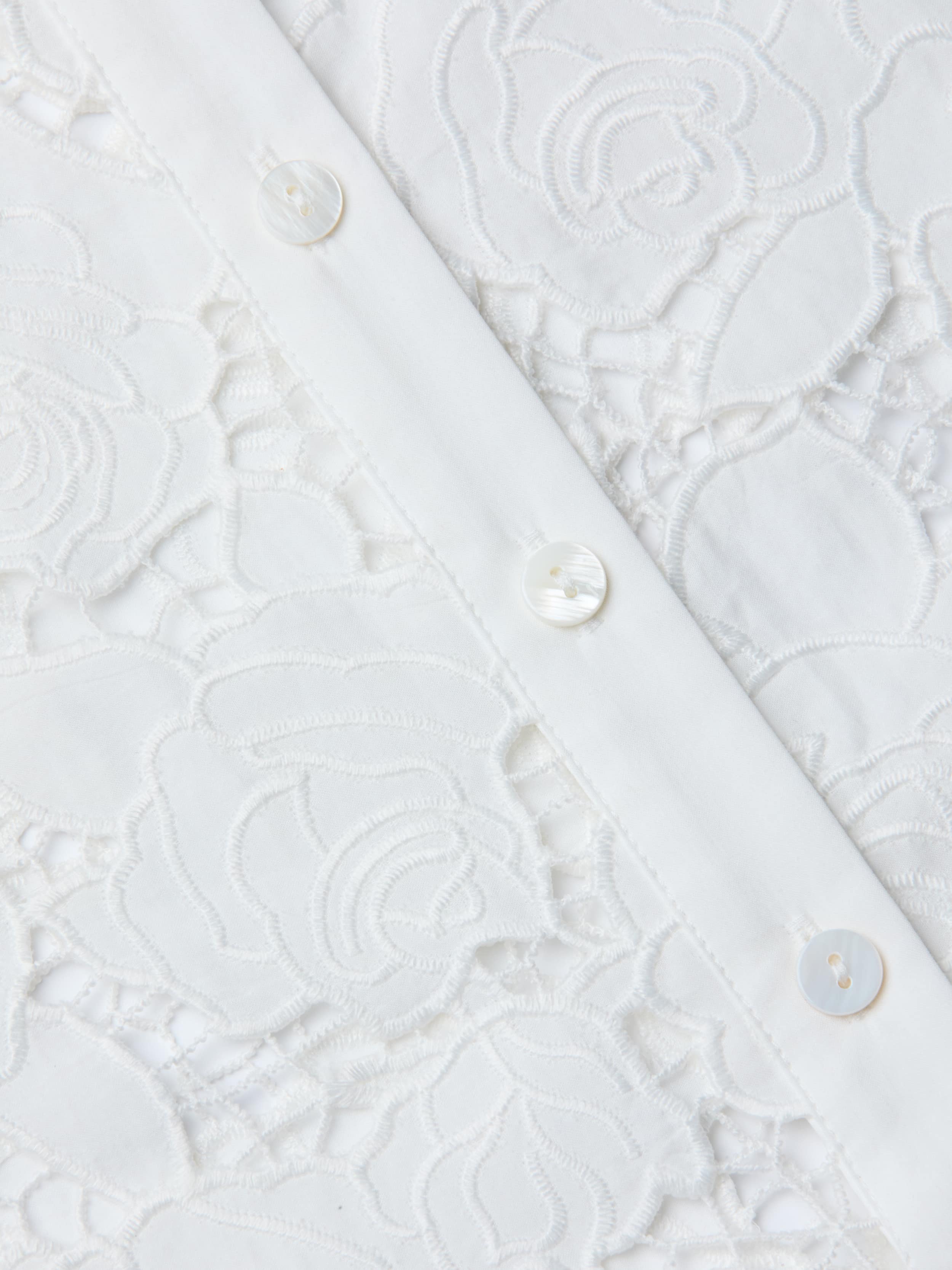 Close-up of a white lace fabric with floral patterns and three white buttons sewn along a vertical seam, reminiscent of the detailing on the May Eyelet Shirt Dress.
