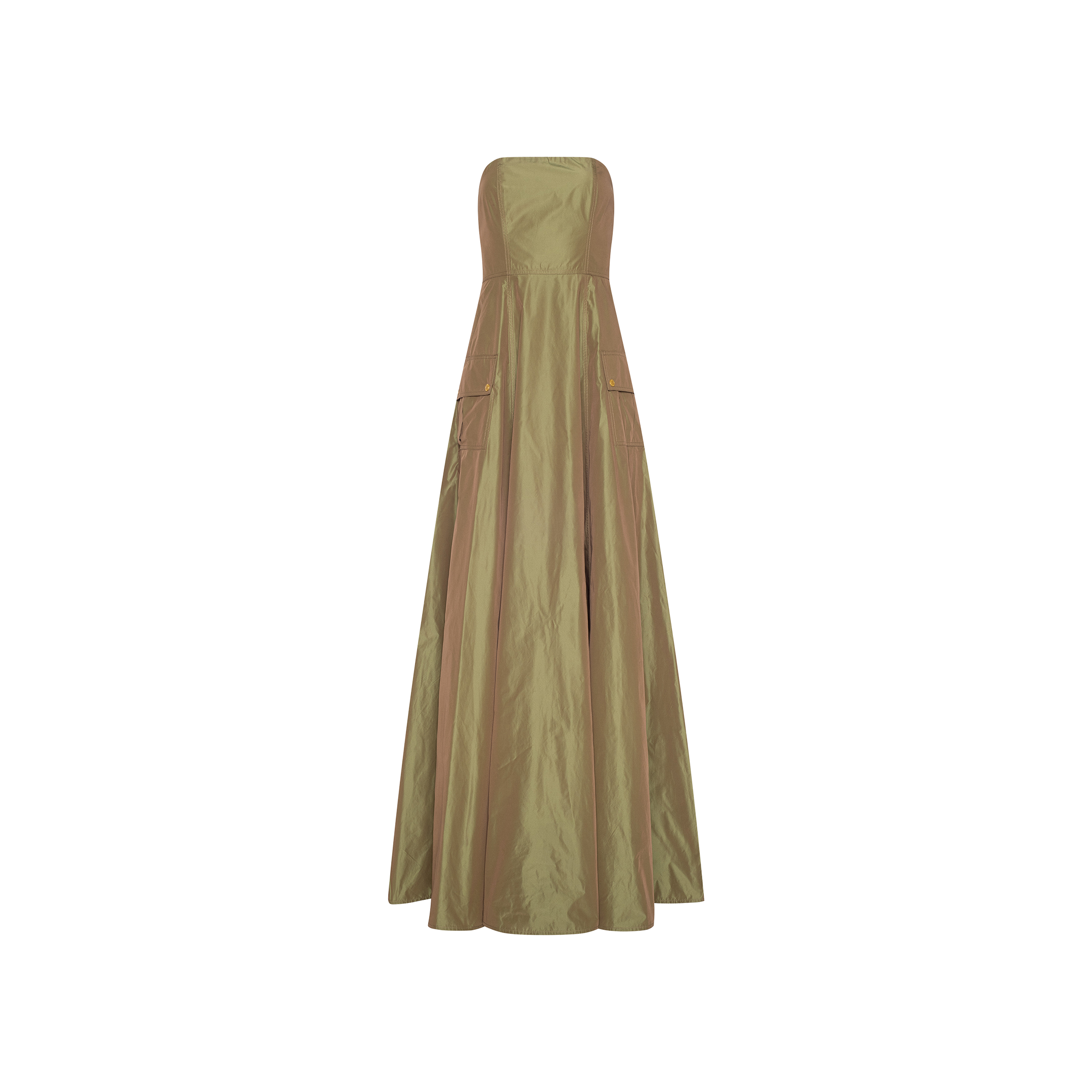 Introducing the Nessa Strapless Gown: a floor-length evening dress in olive green, designed with a fitted bodice and a flared, flowing skirt. The subtly lustrous fabric is accented by two front pockets with button details.