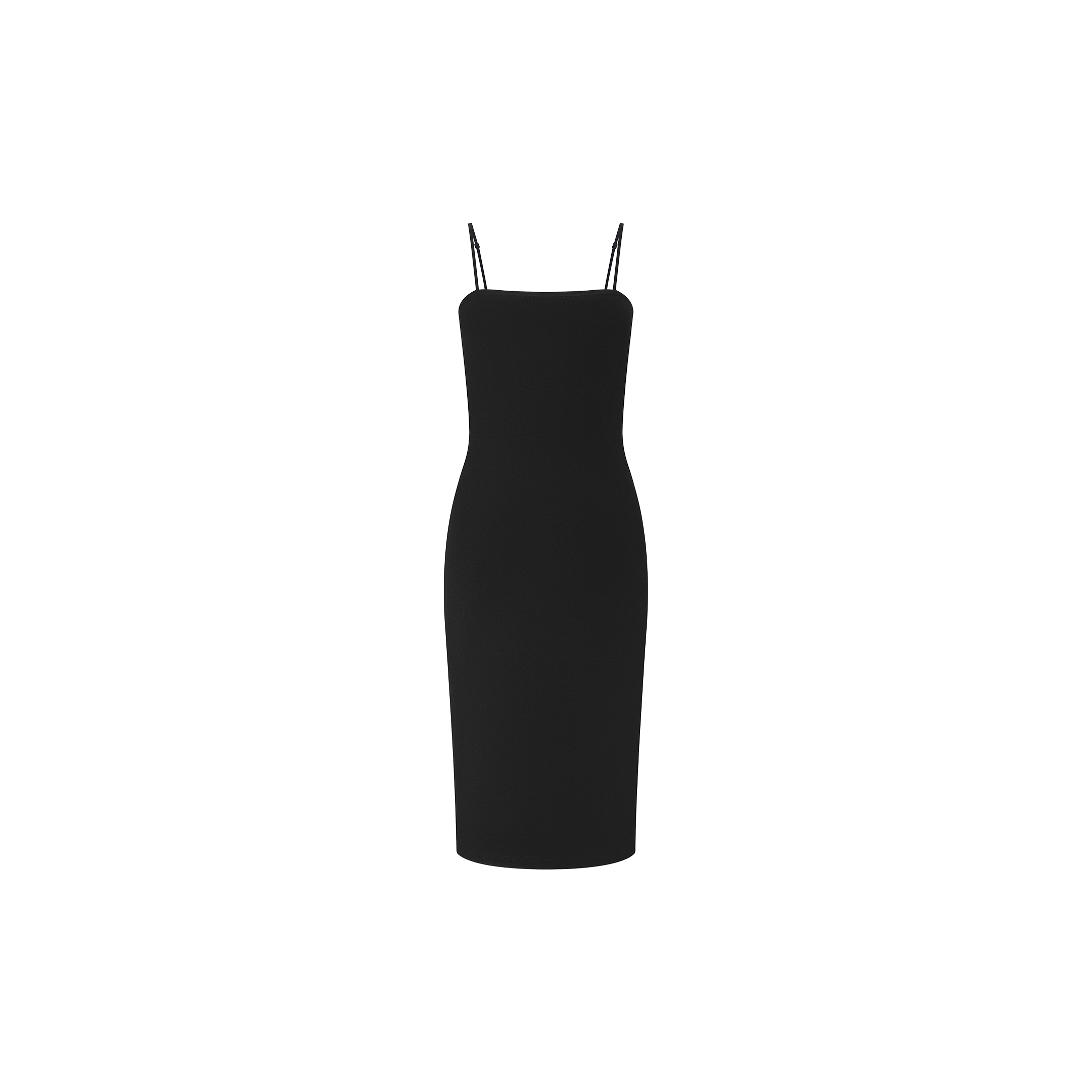 The Eira Midi Dress is a simple, sleeveless black slip dress made from super stretch ponte, featuring thin adjustable straps and a straight neckline, displayed on a plain white background.