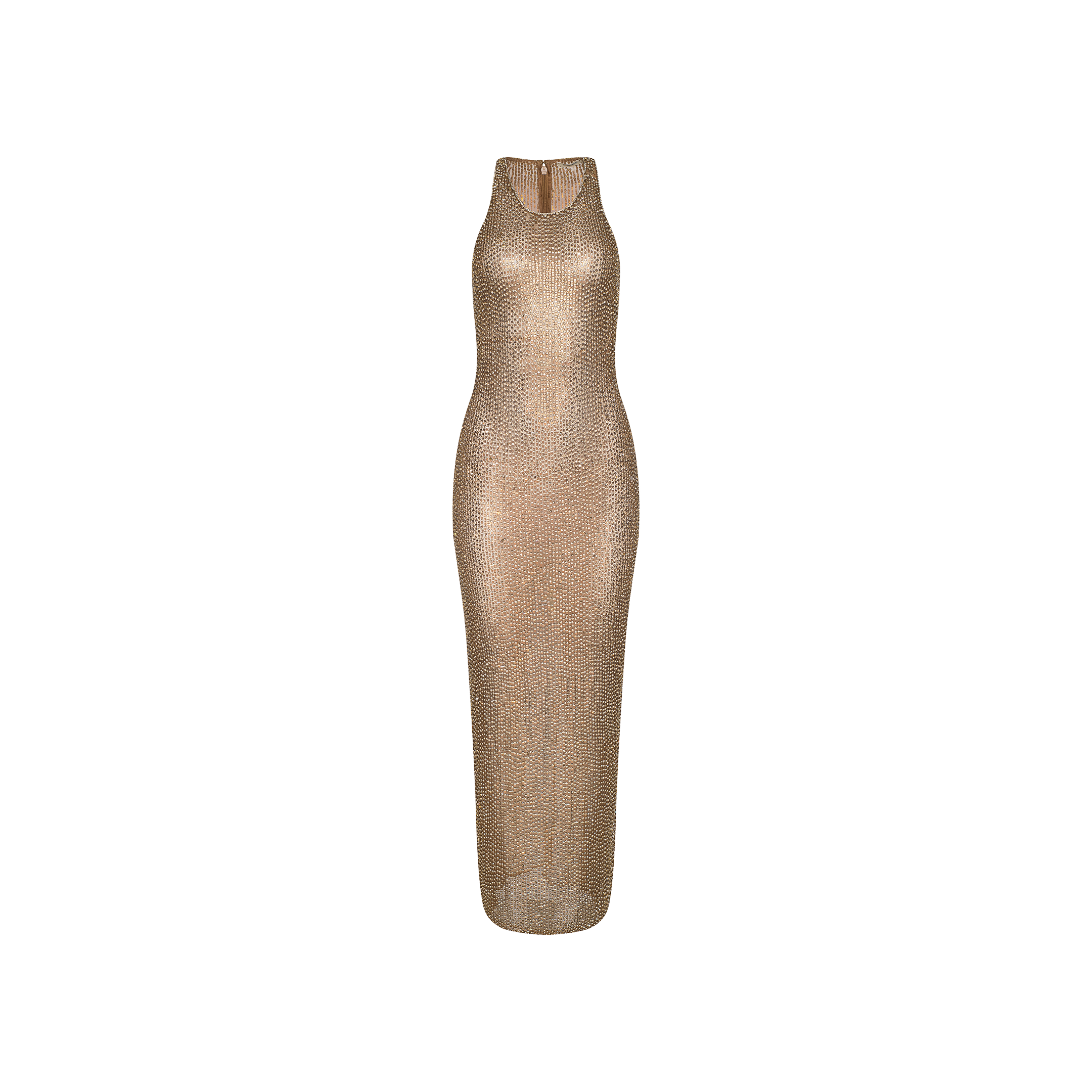 The Paula Gown, a sleeveless, floor-length sheer gold dress featuring a high neckline, form-fitting silhouette, and subtle sheen, is displayed on a plain white background.