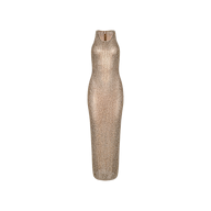 The Paula Gown, a sleeveless, floor-length sheer gold dress featuring a high neckline, form-fitting silhouette, and subtle sheen, is displayed on a plain white background.