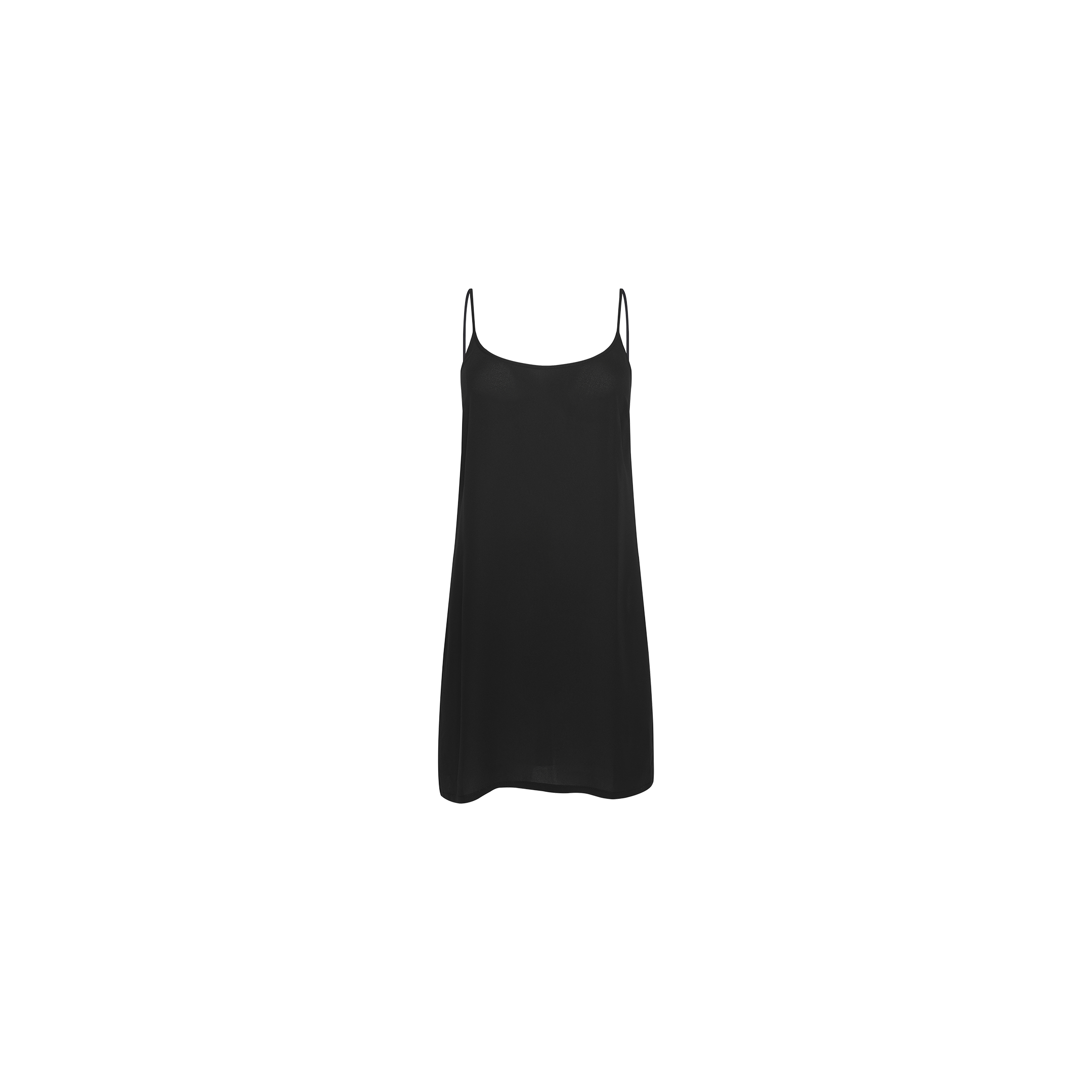 The Raye Slip Lining Dress is a plain black dress crafted from poly georgette, featuring thin adjustable straps and displayed on a white background.