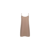 The Raye Slip Lining Dress, shown on a plain white background, is a beige slip dress crafted from poly georgette with thin adjustable spaghetti straps and a comfortable slip lining.
