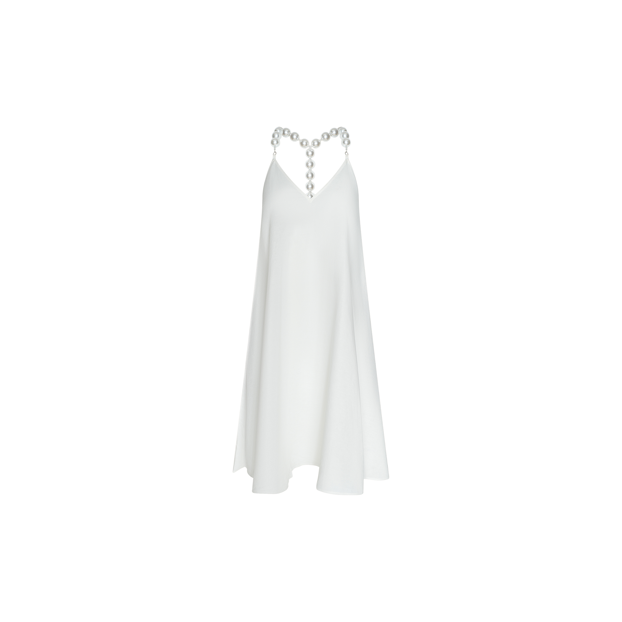 The Amora Pearl Strap Dress is a sleeveless, white minimalist shift dress crafted from a comfortable linen blend. It features a loose, flared silhouette and an elegantly simple design, with large round simulated pearl straps accentuating the neckline.