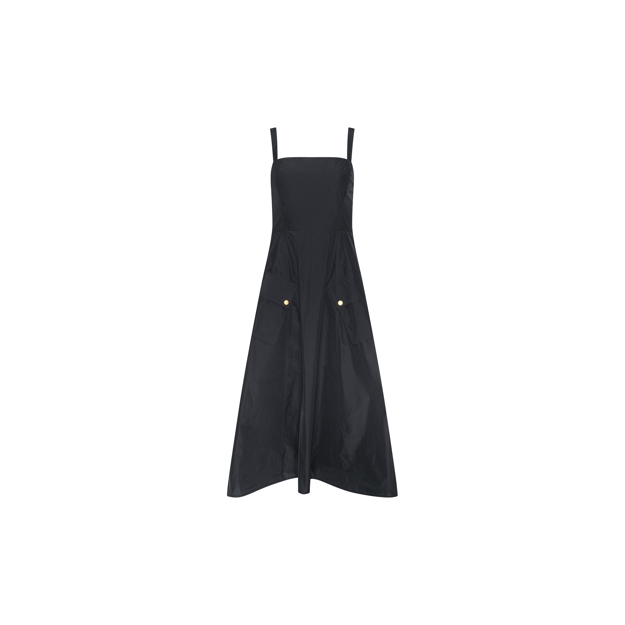 The Ayela Midi Dress is a sleeveless black midi dress with a square neckline, fitted bodice, and flared skirt, featuring two large front pockets with buttoned flaps.