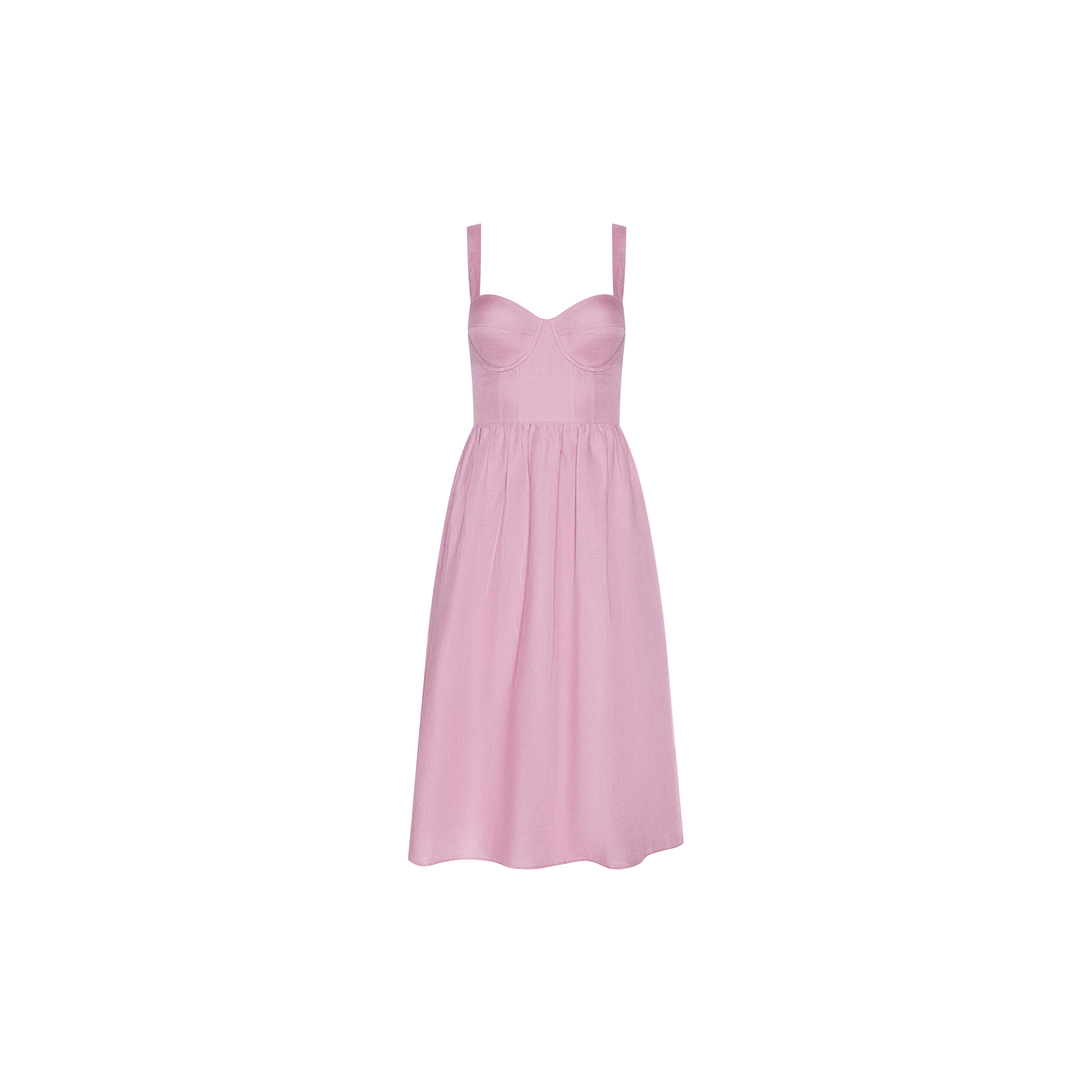 The Tiani Bustier Dress is a light pink, sleeveless, knee-length linen dress featuring a fitted bodice and two wide shoulder straps, displayed against a plain white background.