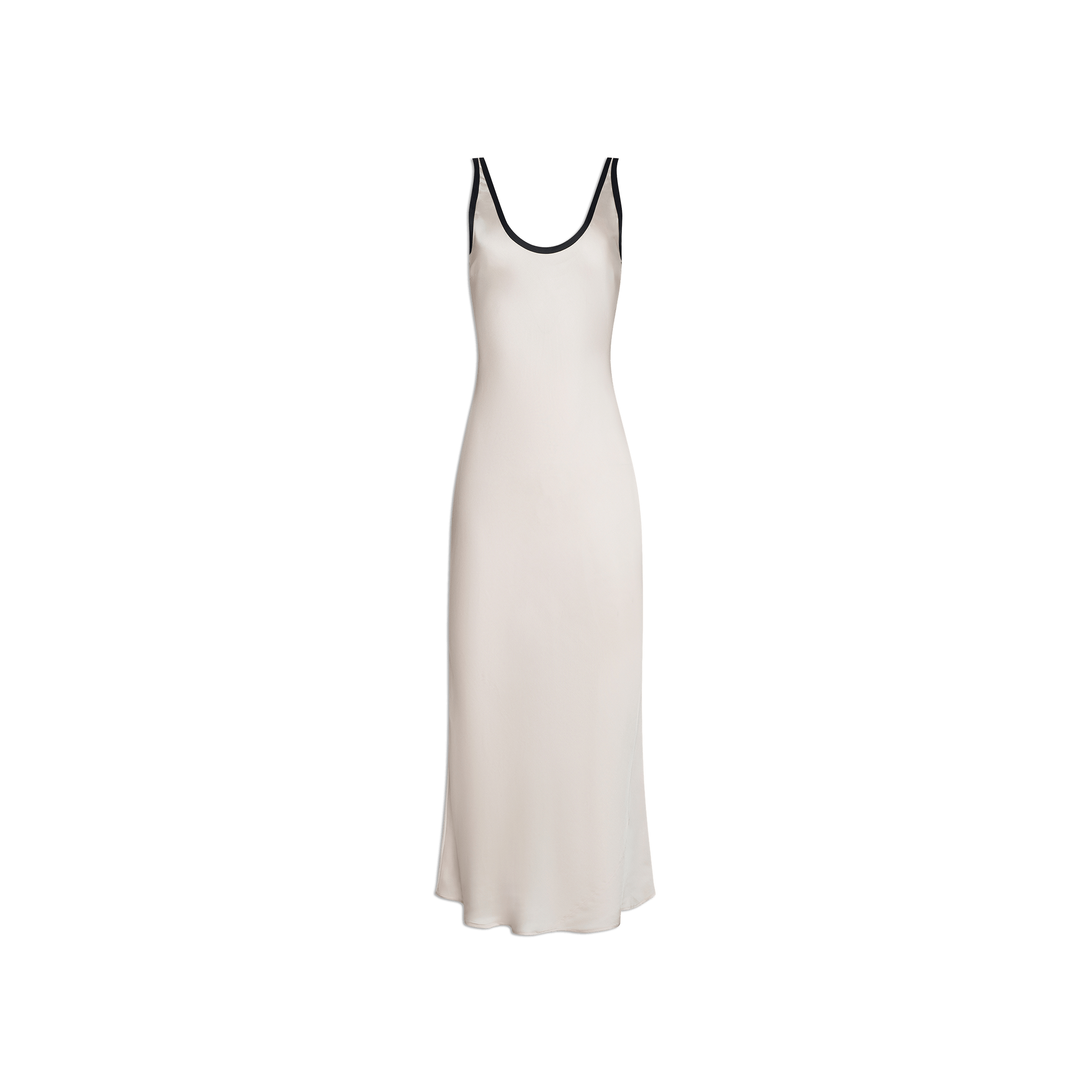 Akiya Satin Maxi Dress in vintage white, featuring a sleeveless, bias-cut silhouette with a scoop neckline and contrasting black trim. This satin slip dress is displayed on a plain white background and effortlessly transitions from day to night.
