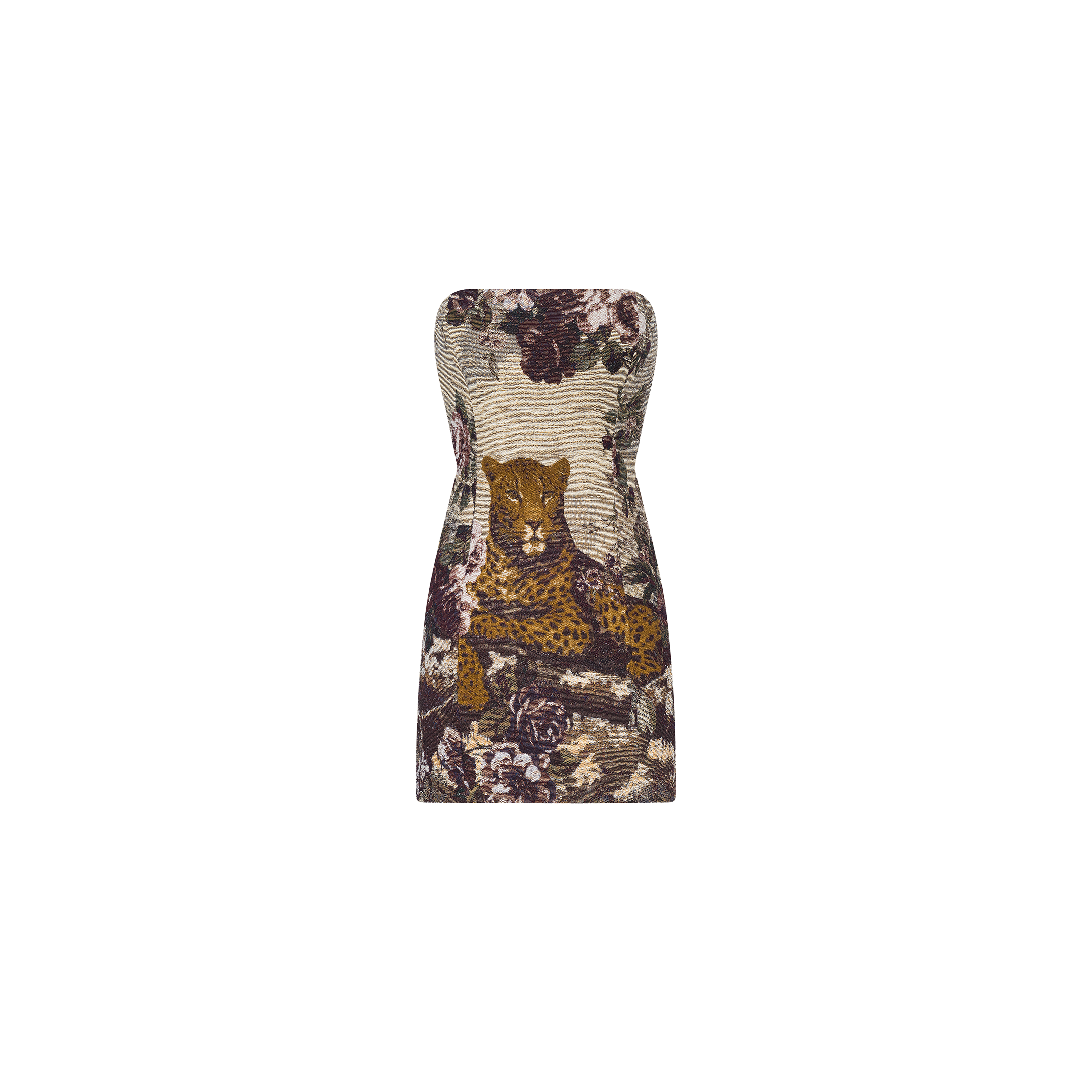 The Renee Tapestry Mini Dress is a strapless mini dress showcasing a tapestry-style print with a lounging leopard surrounded by floral and foliage patterns on a neutral background. It features a corset-inspired back for an elegant, structured fit.