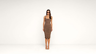 A woman wearing sunglasses and a fitted, sleeveless brown dress stands facing forward against a plain white background, with her arms relaxed at her sides and feet apart.