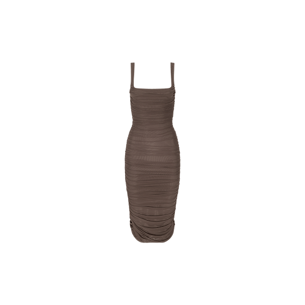 The Anya Shirred Dress is a sleeveless, form-hugging brown midi dress with shirred mesh detailing throughout, displayed on a plain white background.
