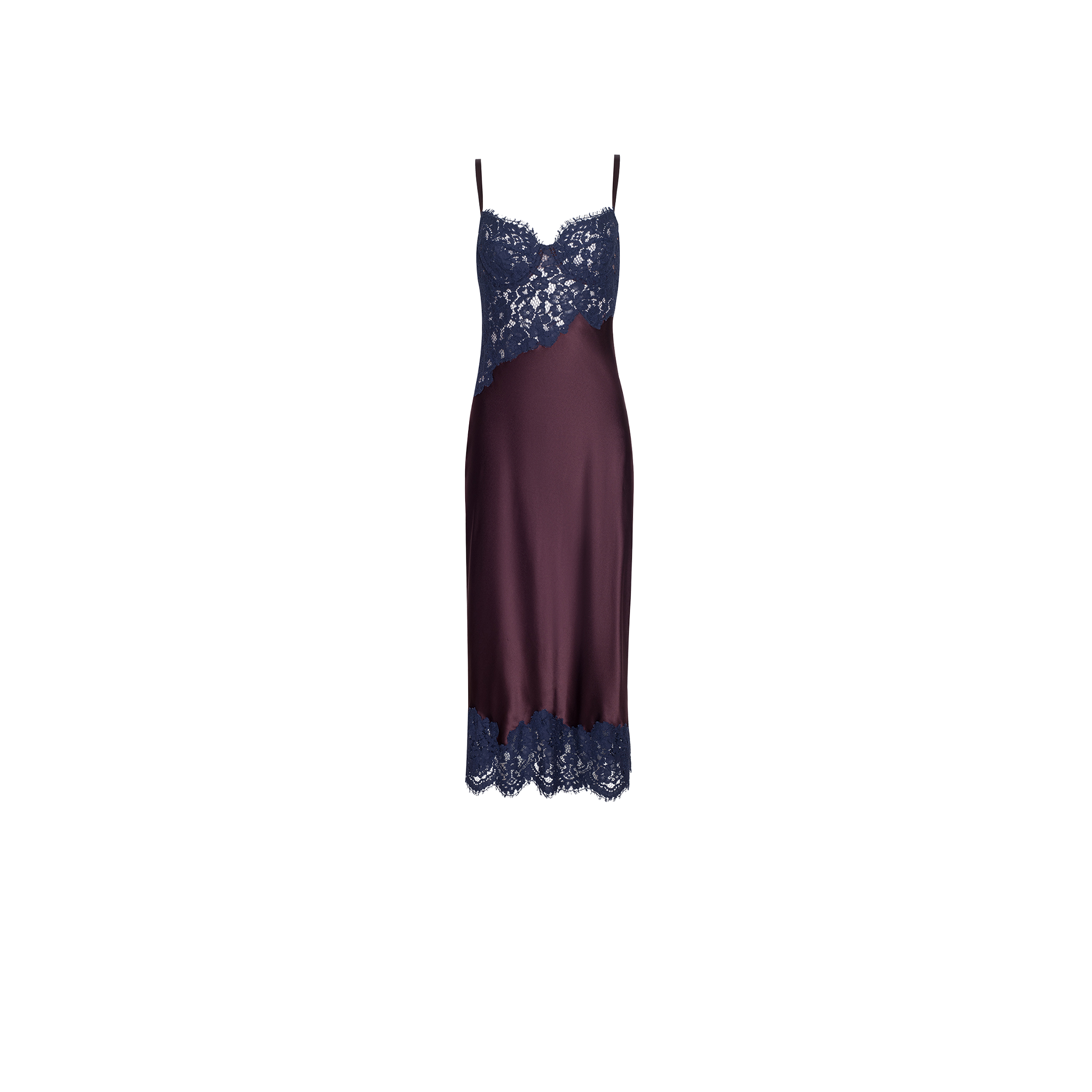 The Araminta Lace Dress is a sleeveless, knee-length satin slip dress in dark purple, featuring navy lace trim and lace appliqués at the bust, hem, and diagonally across the front, shown on a plain white background.