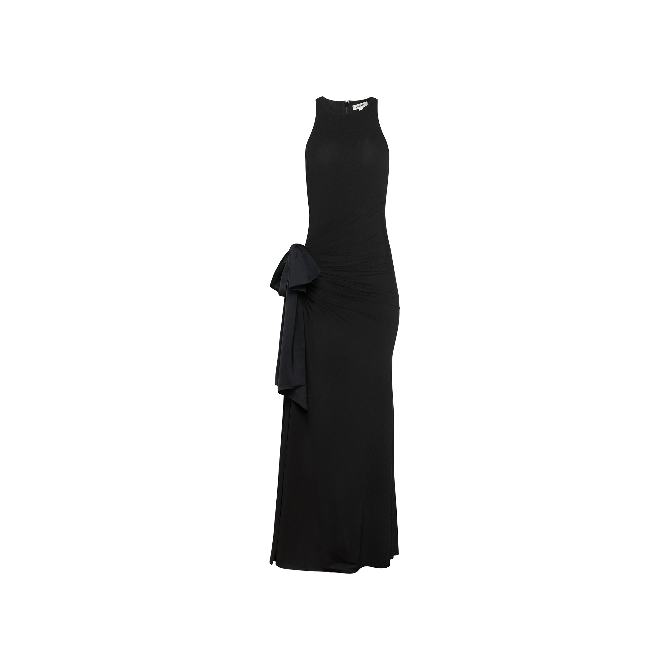 Sleeveless floor-length Frost Gown in black, featuring a high neckline and an oversized fabric bow detail at the left hip, showcased against a plain white background—a showstopping black tie piece evoking New York Fashion Week sophistication.