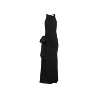 Sleeveless floor-length Frost Gown in black, featuring a high neckline and an oversized fabric bow detail at the left hip, showcased against a plain white background—a showstopping black tie piece evoking New York Fashion Week sophistication.