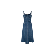 The Jovie Bustier Dress is a sleeveless denim piece featuring a fitted corset-style bodice, front seam detailing, and an A-line skirt. Designed with thin shoulder straps and a structured front panel that enhances its silhouette, the dress is showcased against a plain white background.